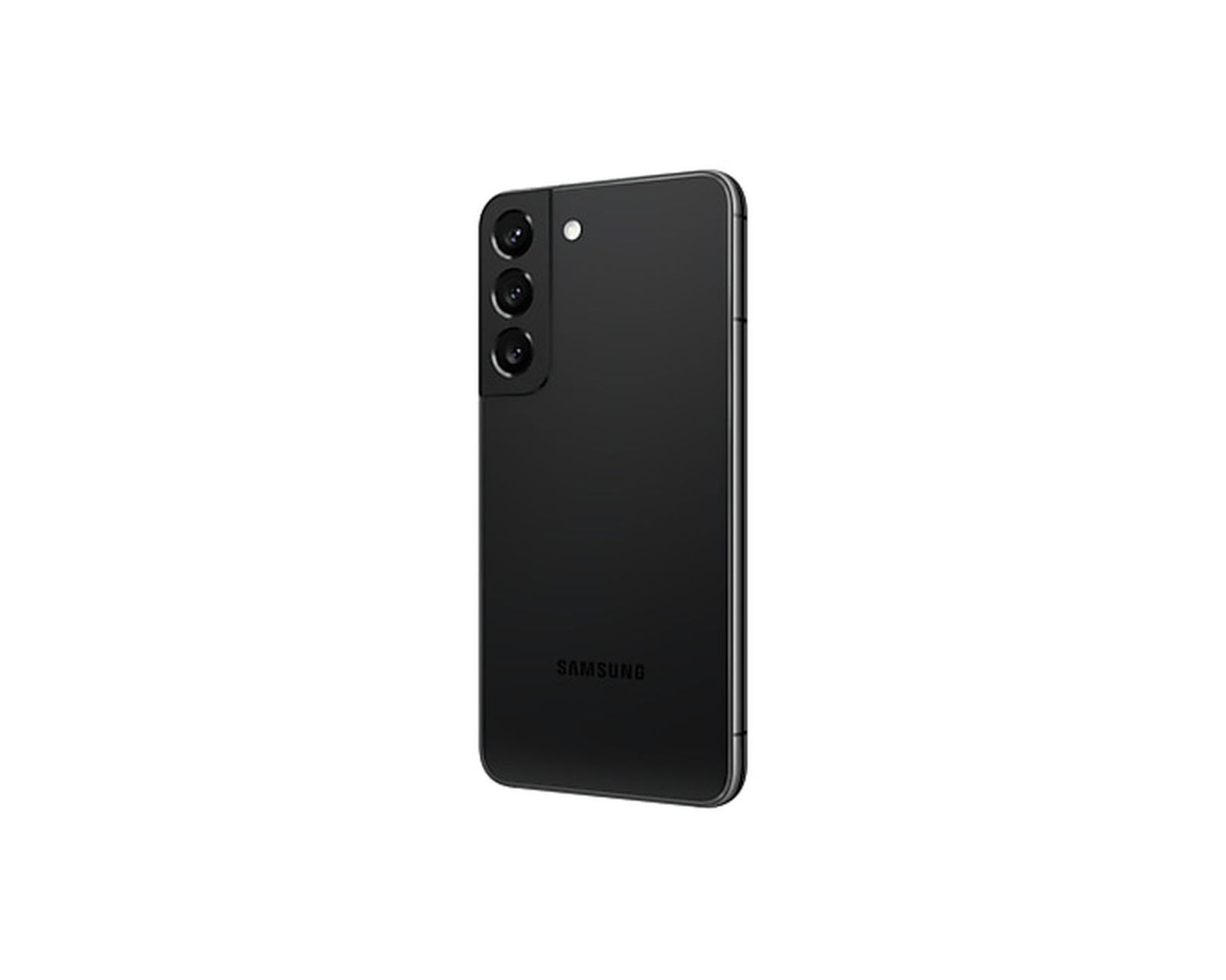 Rückseite eines schwarzen Smartphones, drei Kameras, Samsung-Logo, freigestellt.