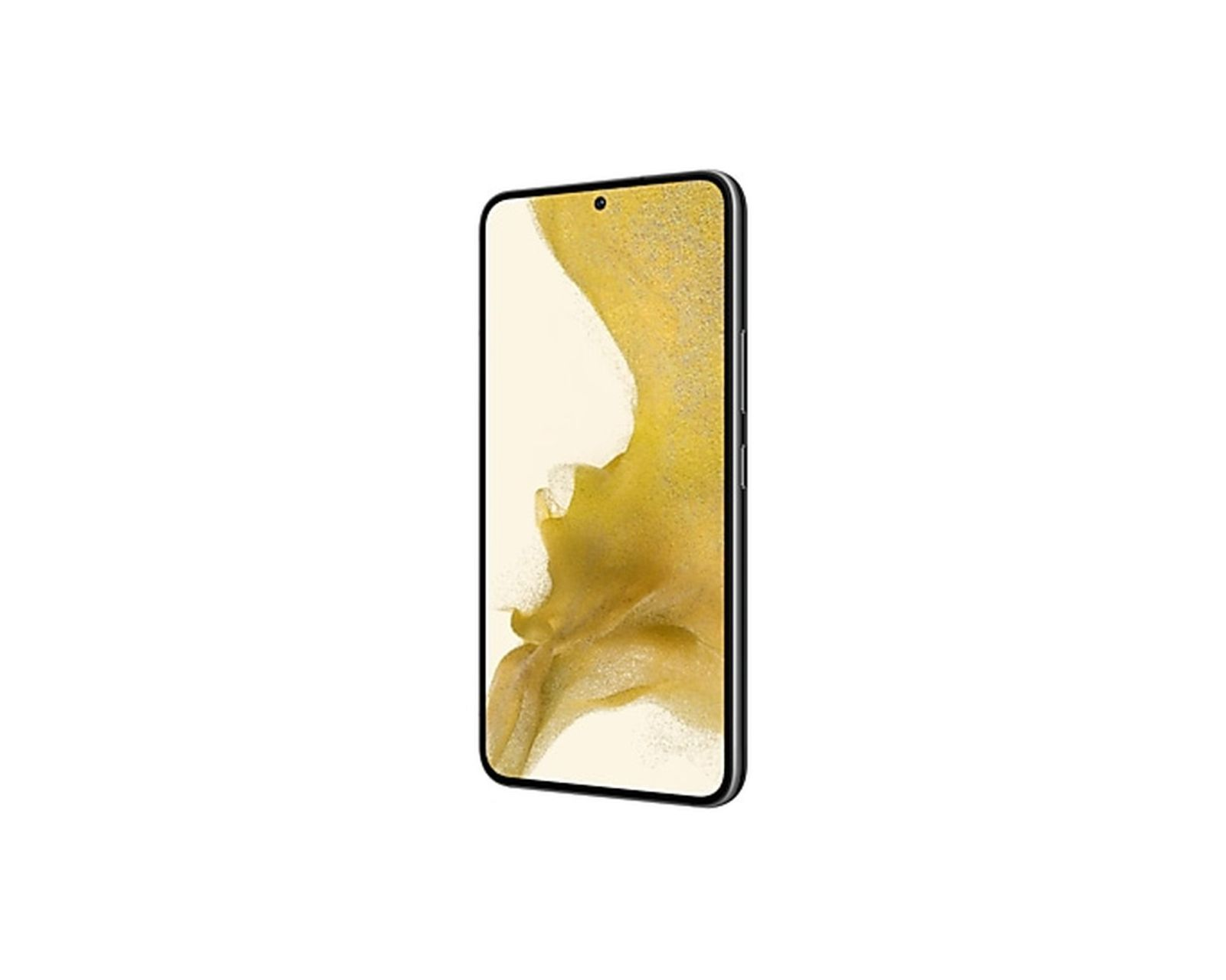 Ein beigefarbenes Smartphone mit schwarzem Rahmen, von der Seite gesehen.