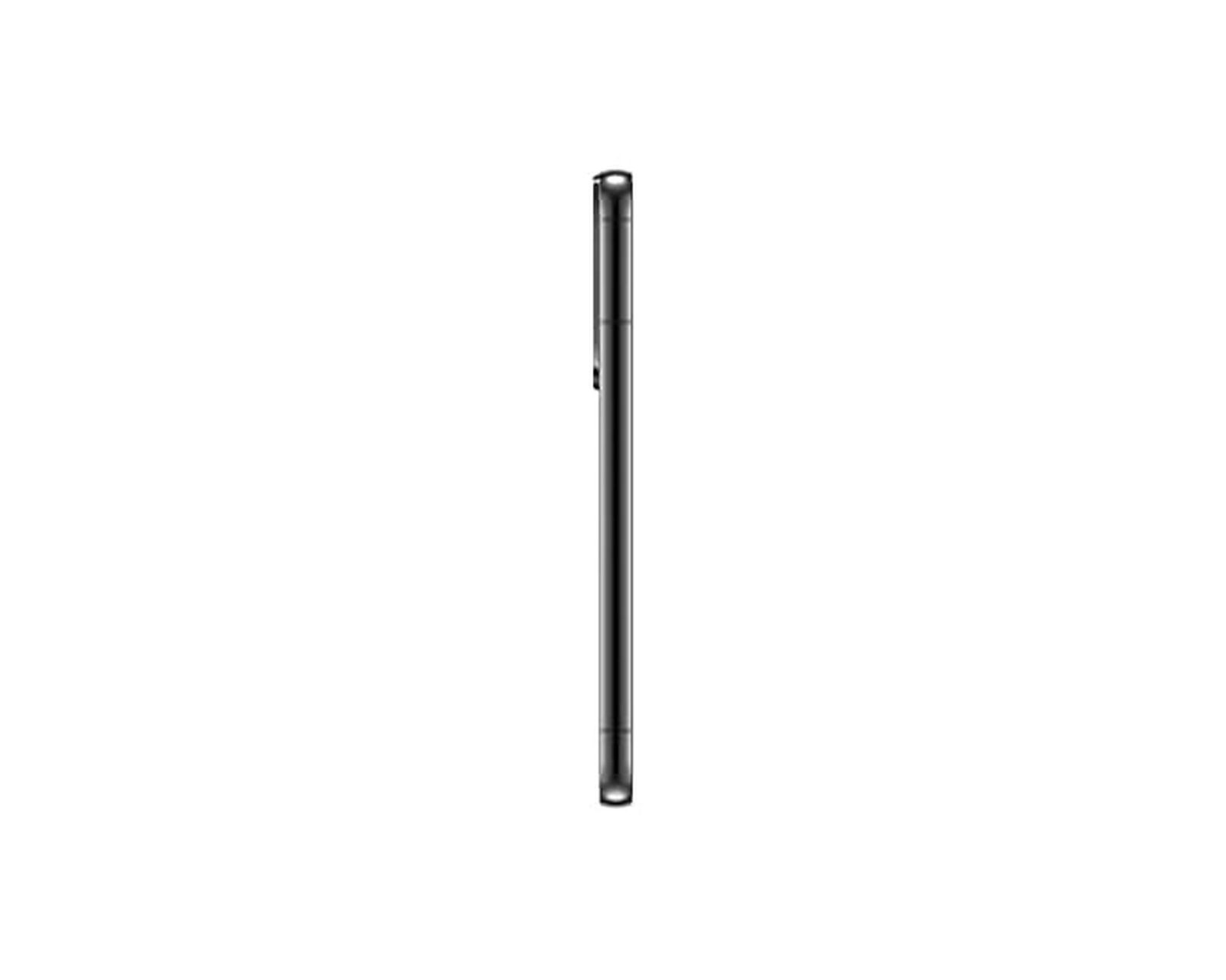 Seitenansicht eines schwarzen Smartphones auf weißem Hintergrund.
