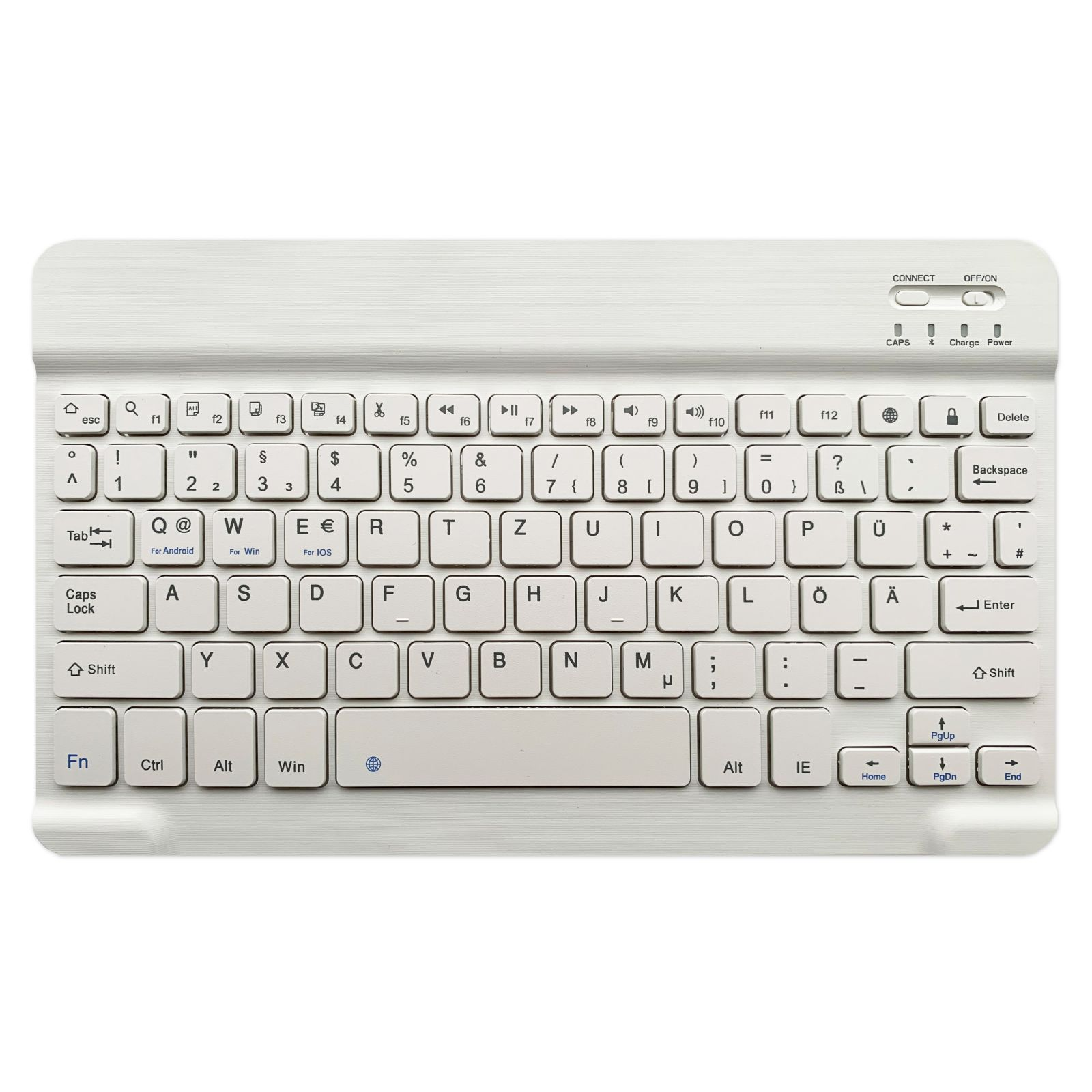 Weiße kabellose Tastatur. Sie hat Tasten, Ein- und Aus-Tasten und eine Ladeanzeige.