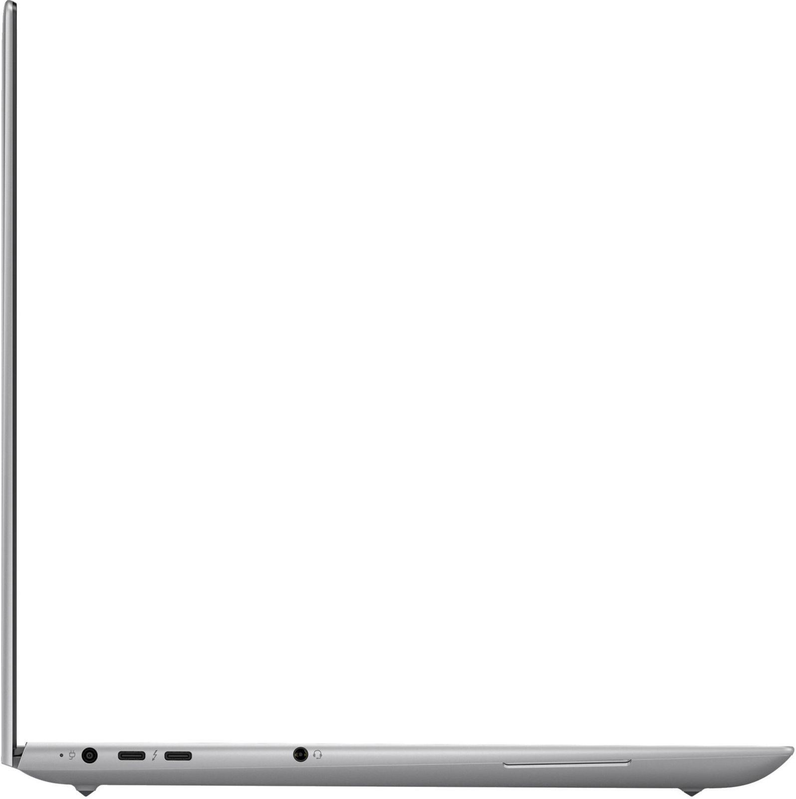 Seitenansicht eines silbernen Laptops, mit Anschlüssen und schlankem Profil, auf weißem Hintergrund.