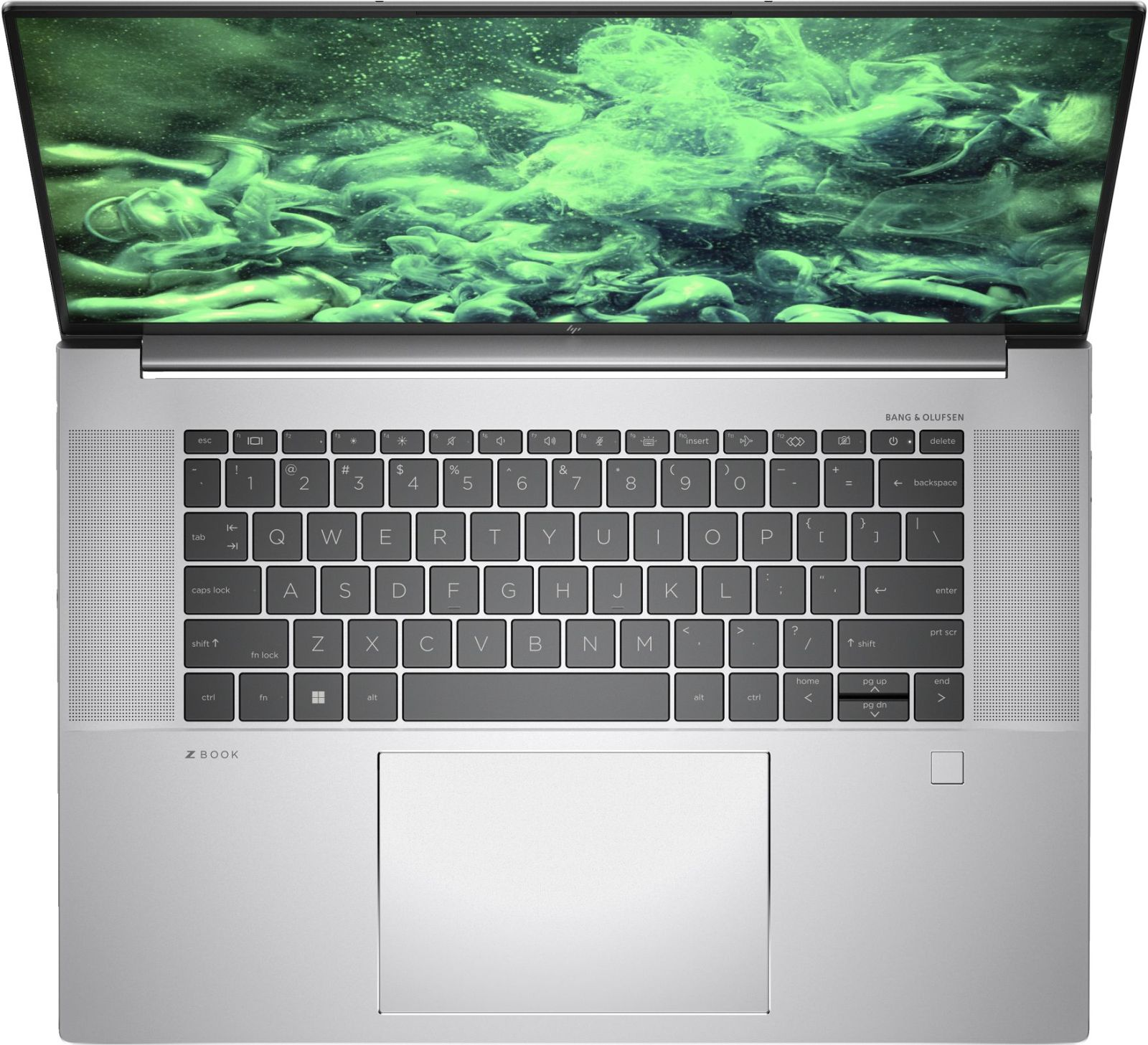 Laptop, Draufsicht. Tastatur, Touchpad und ein Bildschirm mit grünem, abstrakten Design.