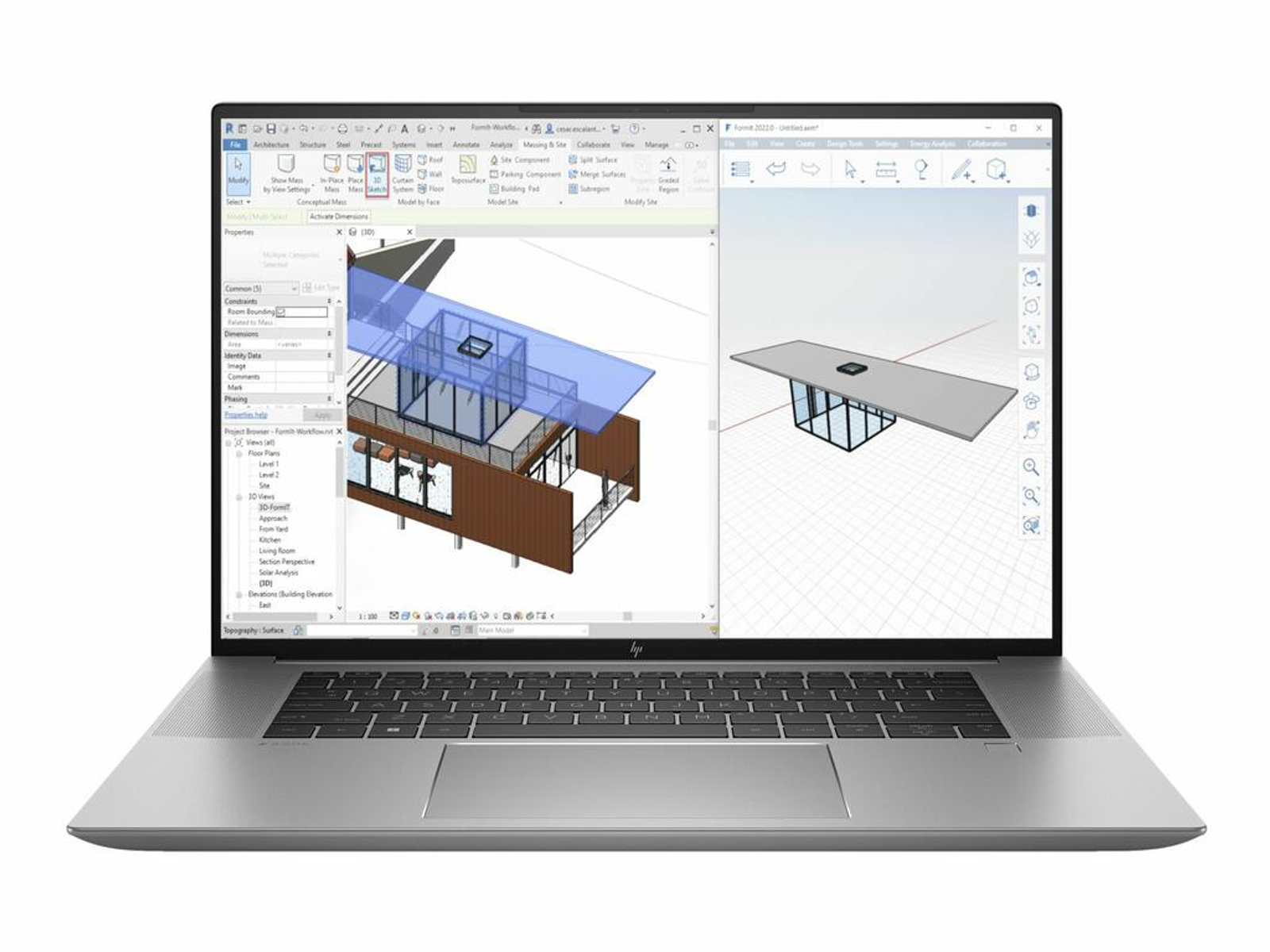 Laptop, der eine Design-Software-Oberfläche zeigt. Die Oberfläche hat ein 3D-Gebäudemodell.