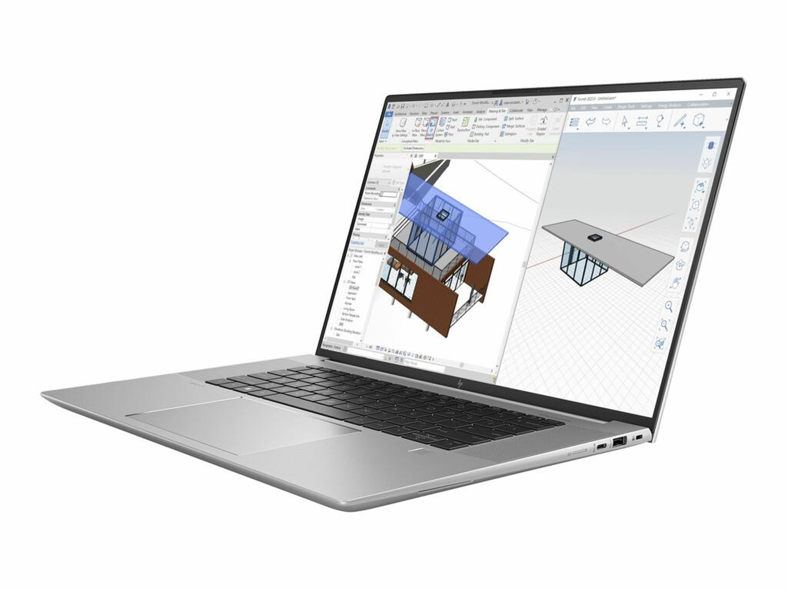 Laptop auf Weiß, mit offenem 3D-Architekturdesign.