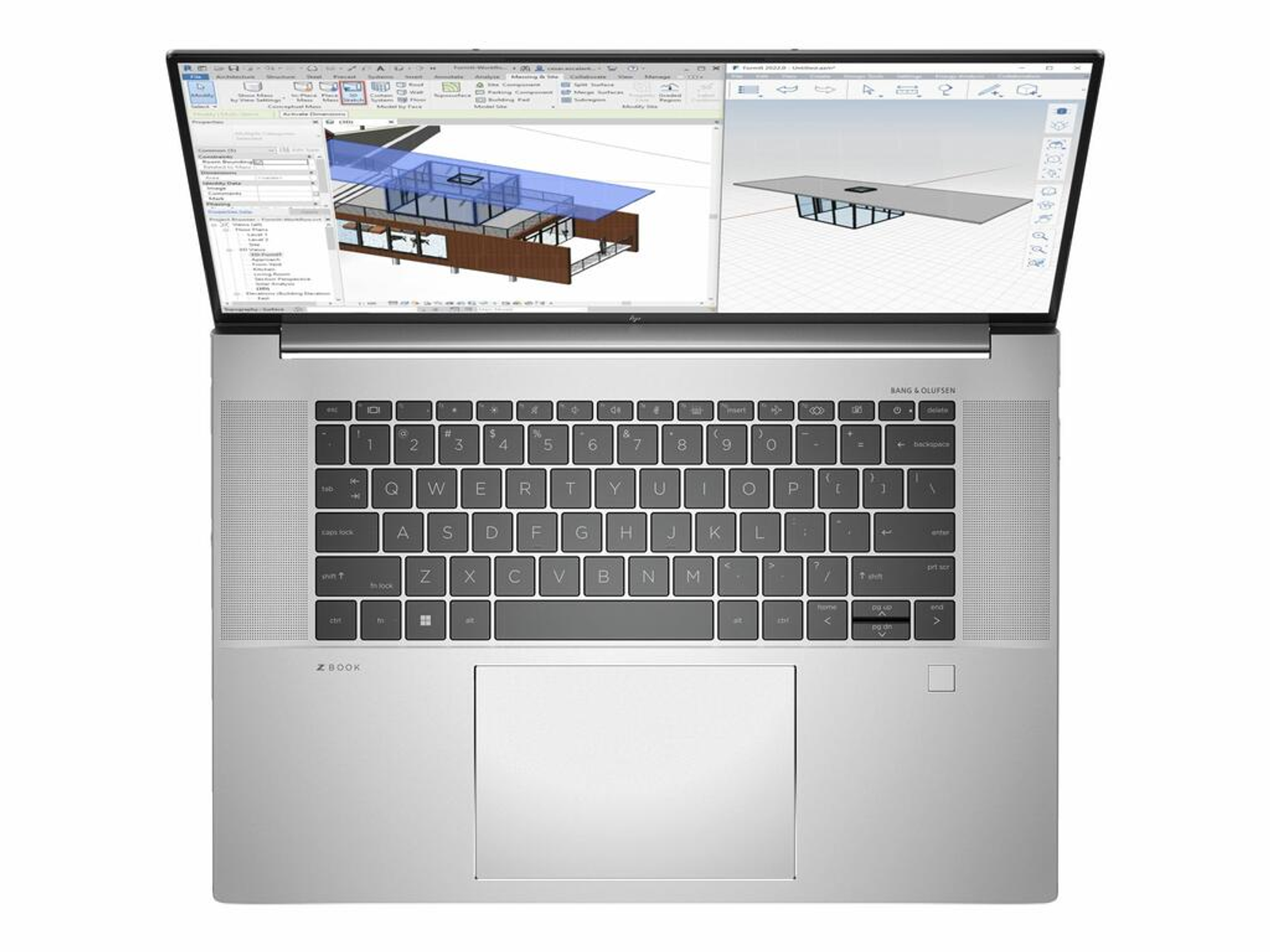 Laptop offen mit 3D-Modell und Design-Oberfläche. Tastatur ist sichtbar.