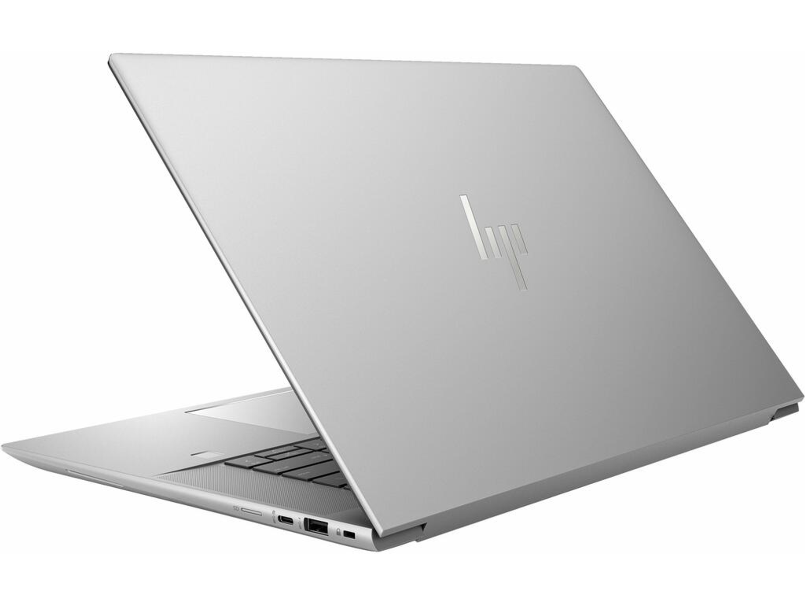 Ein silberner Laptop, der die Rückseite mit dem HP-Logo zeigt, der Bildschirm ist geschlossen.