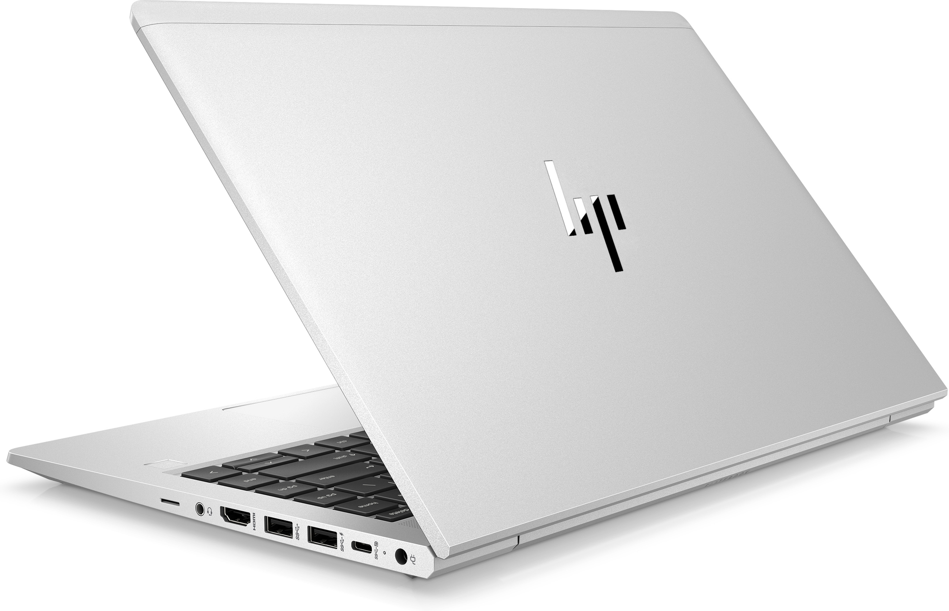 Ordinateur portable argenté avec le couvercle ouvert, révélant le clavier. Le logo HP est visible sur le couvercle.