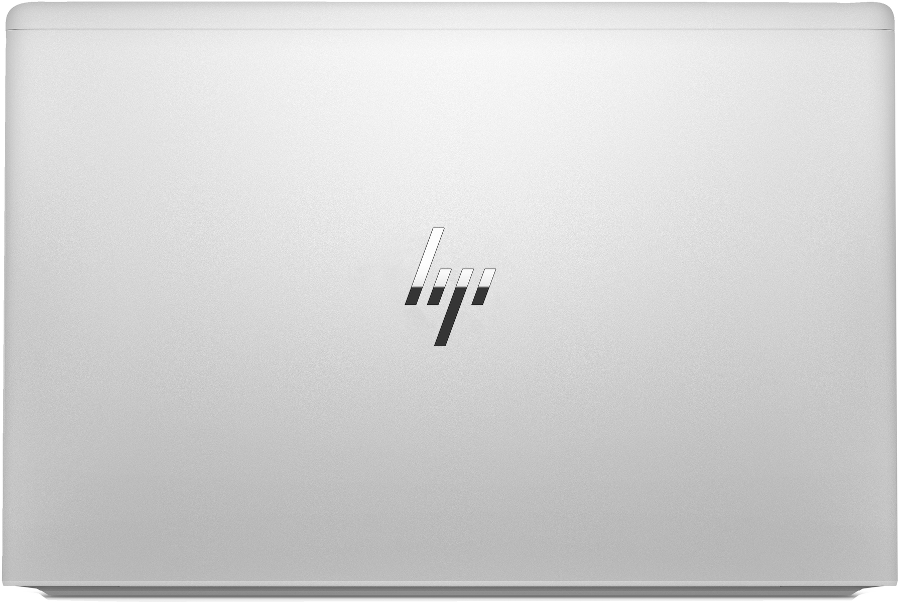 Un ordinateur portable argenté fermé avec le logo HP au centre. L'ordinateur portable est sur fond blanc, vue de dessus.