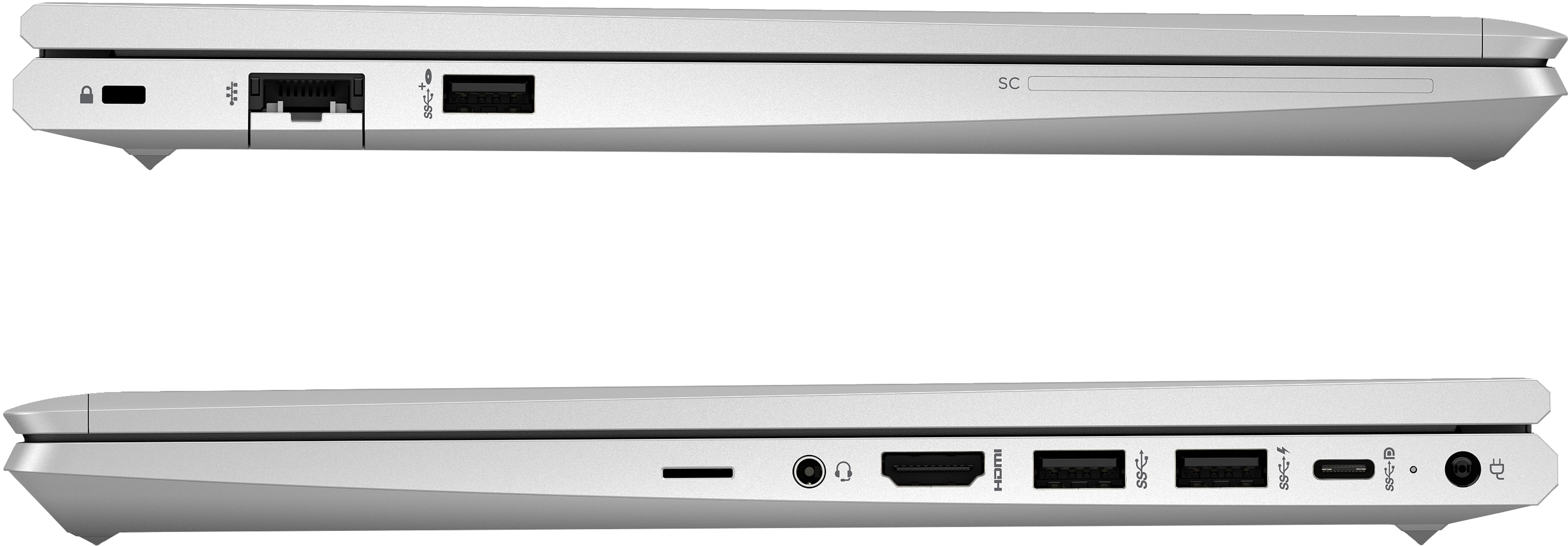 Vue latérale d'un ordinateur portable argenté montrant les ports : verrou, Ethernet, USB, HDMI, USB-C, prise audio et entrée d'alimentation.