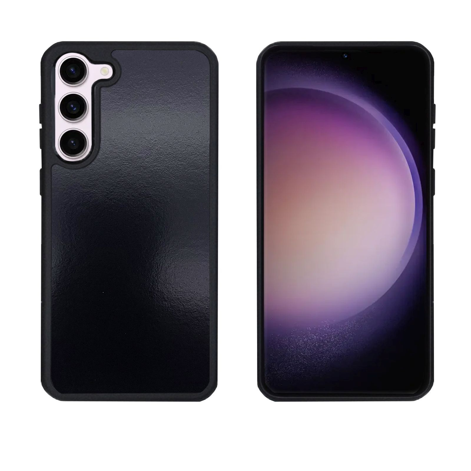 Zwei Ansichten eines schwarzen Samsung-Telefons, Rückseite mit Kameras und Bildschirm.