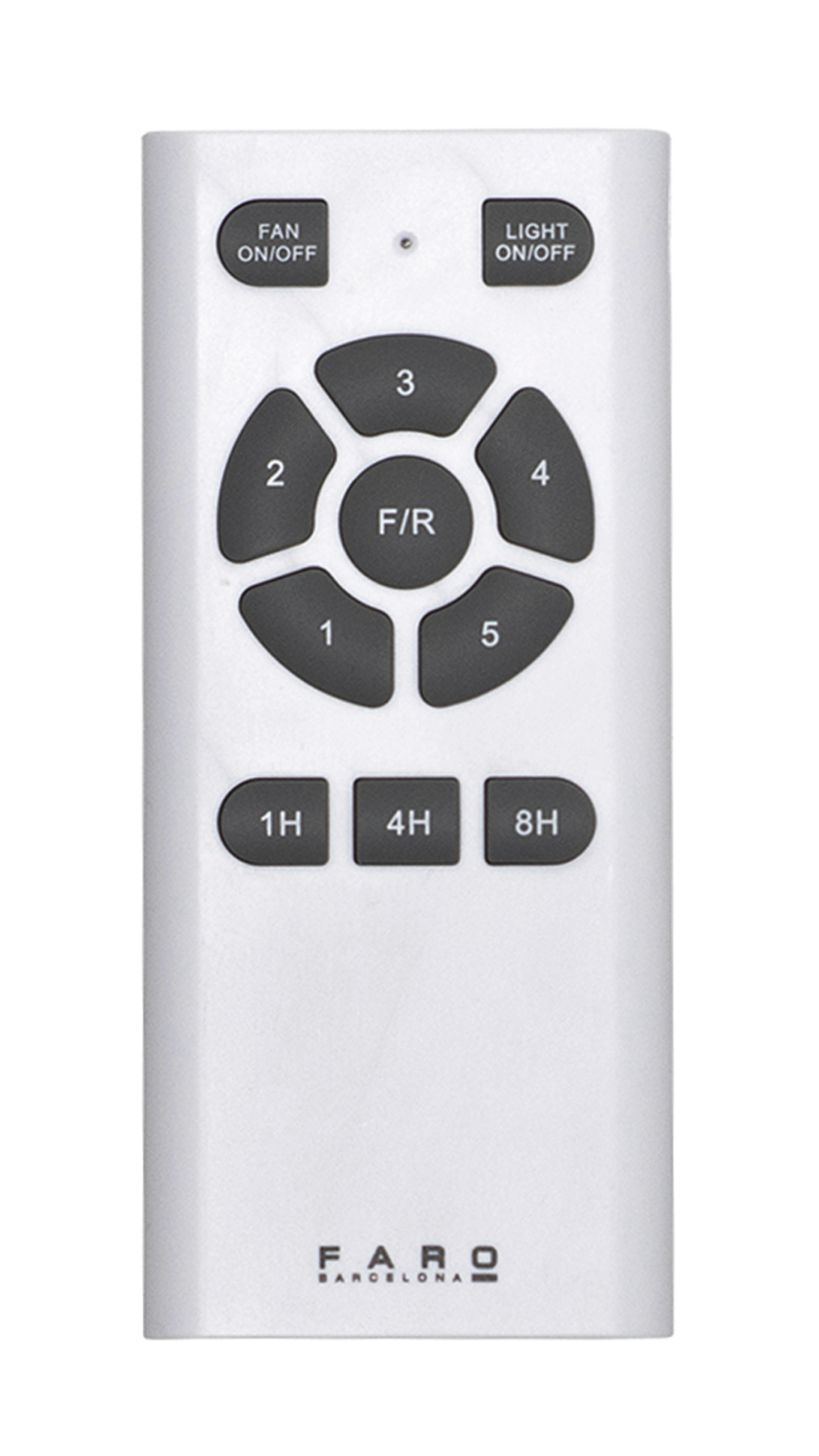 Telecomando bianco per ventilatore con pulsanti per ventola, luce e velocità. Include pulsanti timer.