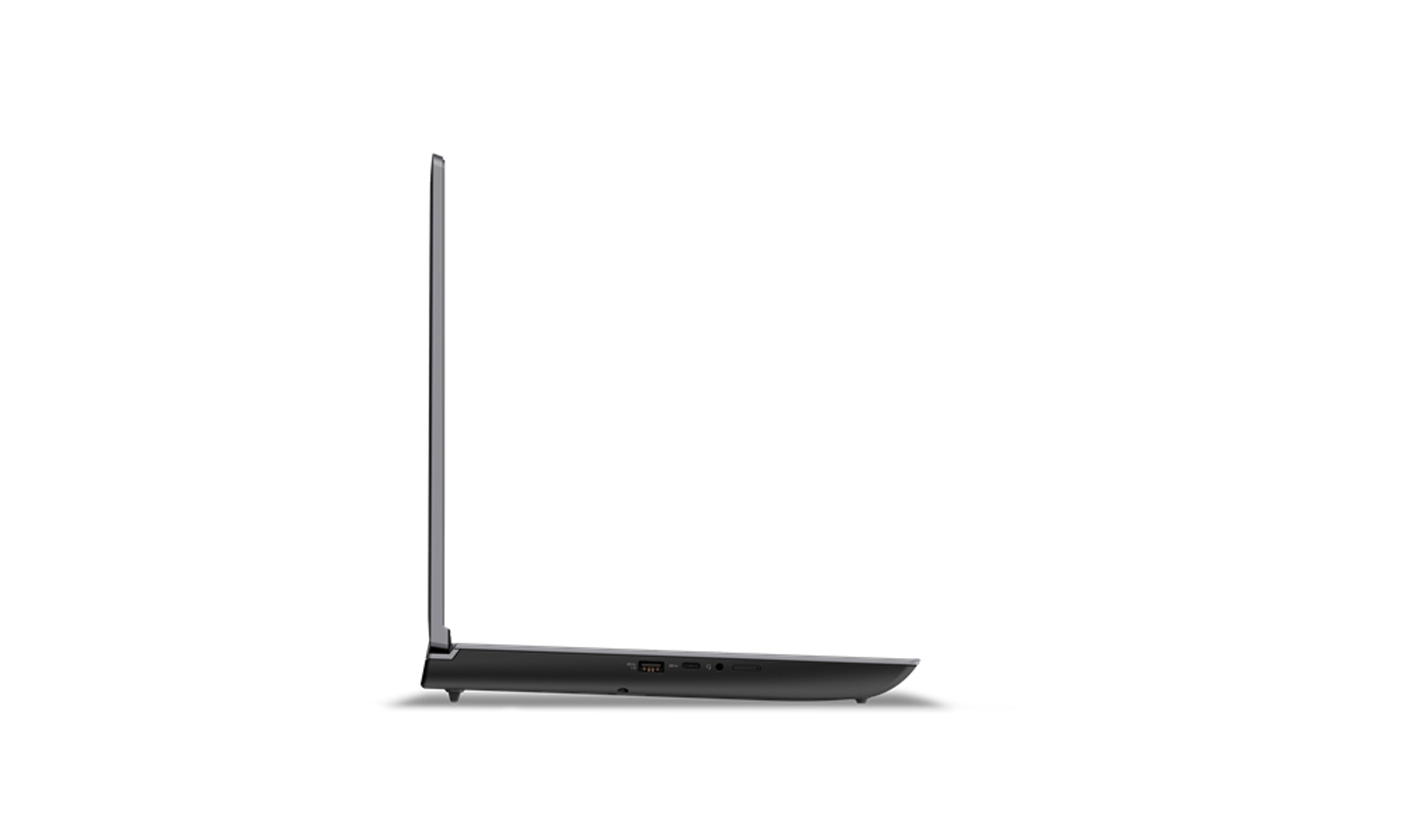 Seitenansicht eines dunklen Laptops. Zeigt Anschlüsse und ein schlankes Design. Der Bildschirm ist geschlossen. Der Laptop steht auf weißem Hintergrund.