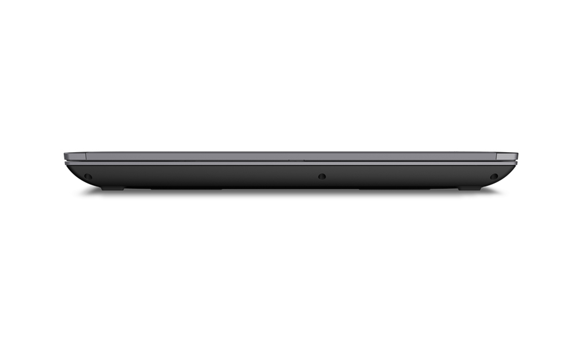 Seitenansicht eines geschlossenen Laptops, der die Unterkante zeigt. Die Farbe ist dunkelgrau.