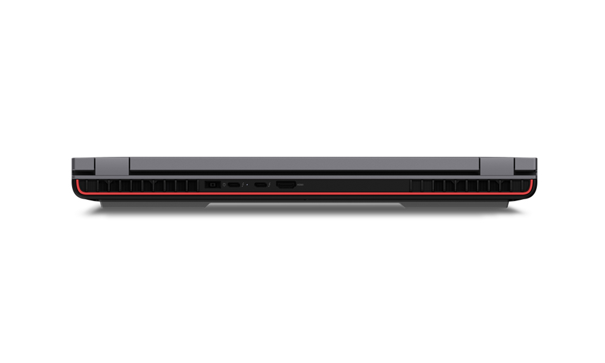 Unteransicht eines schwarzen Laptops mit roten Akzenten. Der Hintergrund ist weiß.