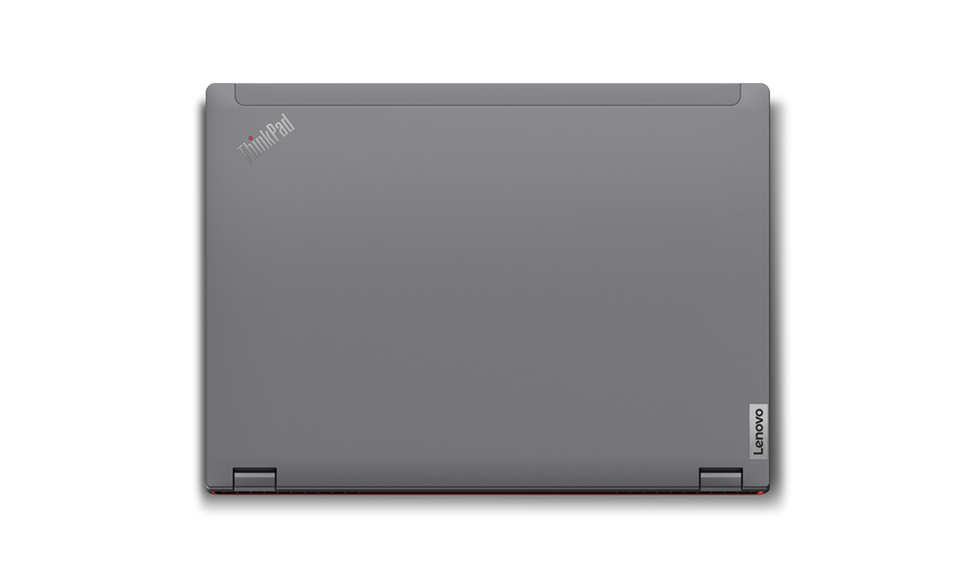 Lenovo ThinkPad Laptop, Draufsicht. Graue Farbe. ThinkPad- und Lenovo-Logos sichtbar.