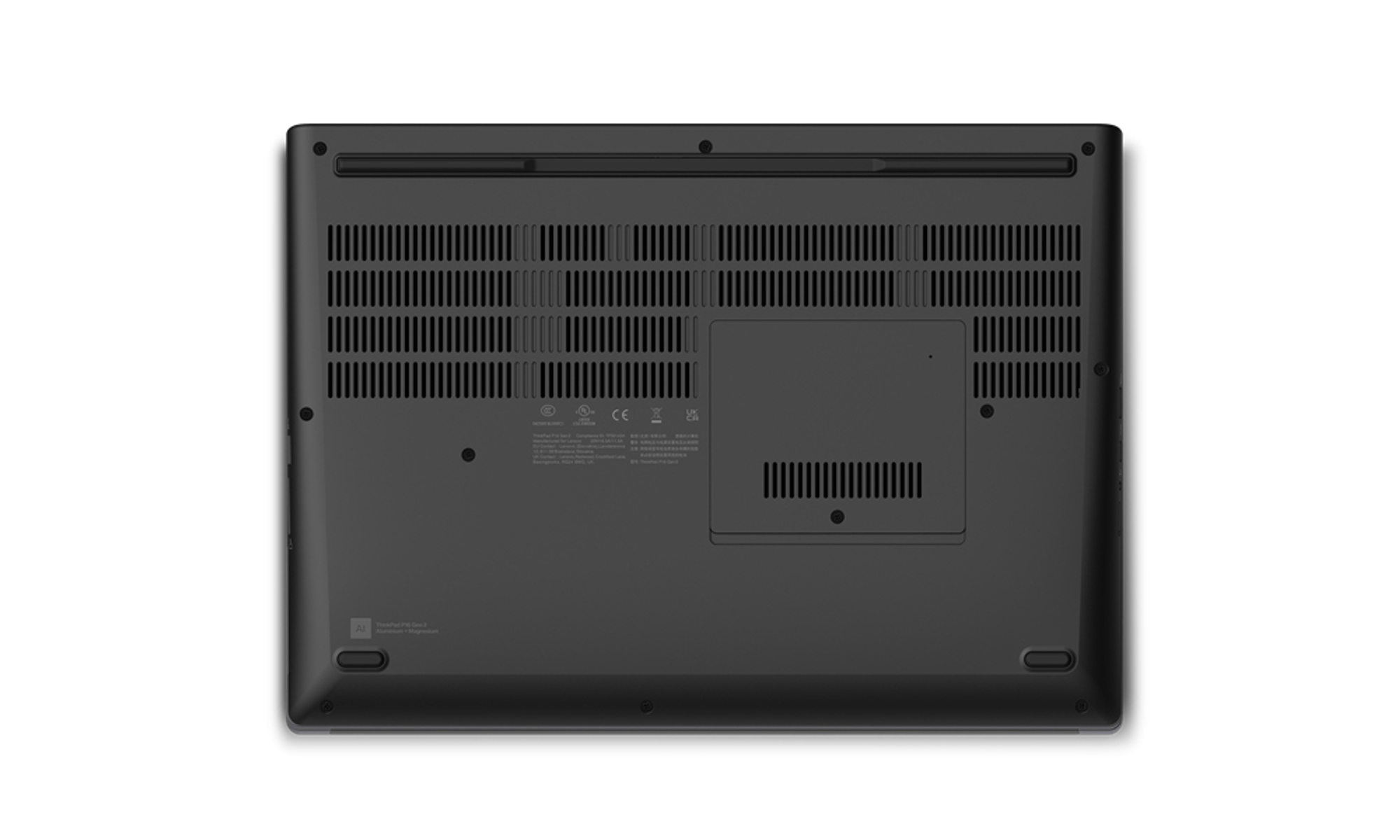 Die Unterseite eines schwarzen Laptops mit Lüftungsschlitzen und Etiketten.