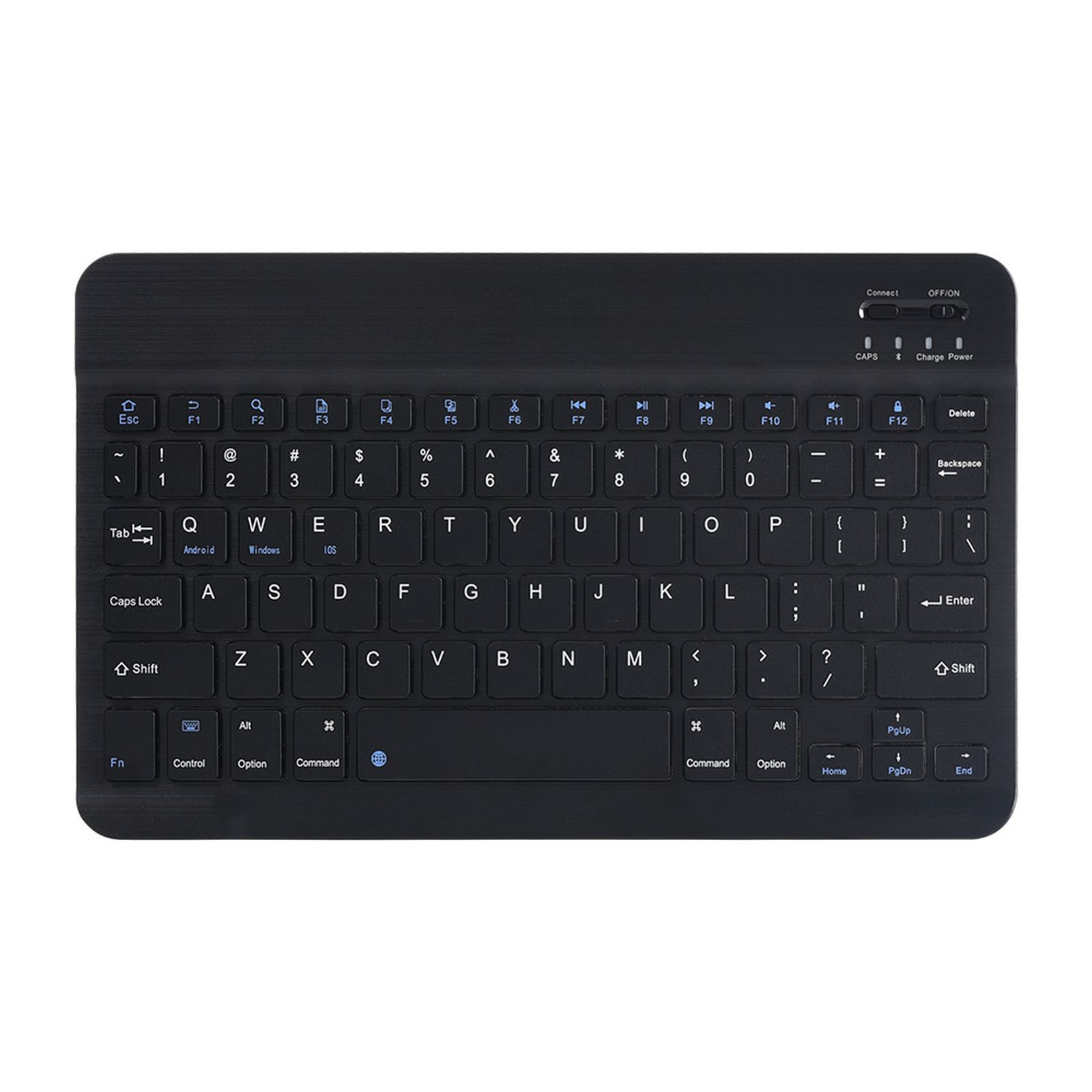 Schwarze Tastatur mit weiß beleuchteten Tasten. Strom-, Feststelltaste und andere Funktionstasten sichtbar.