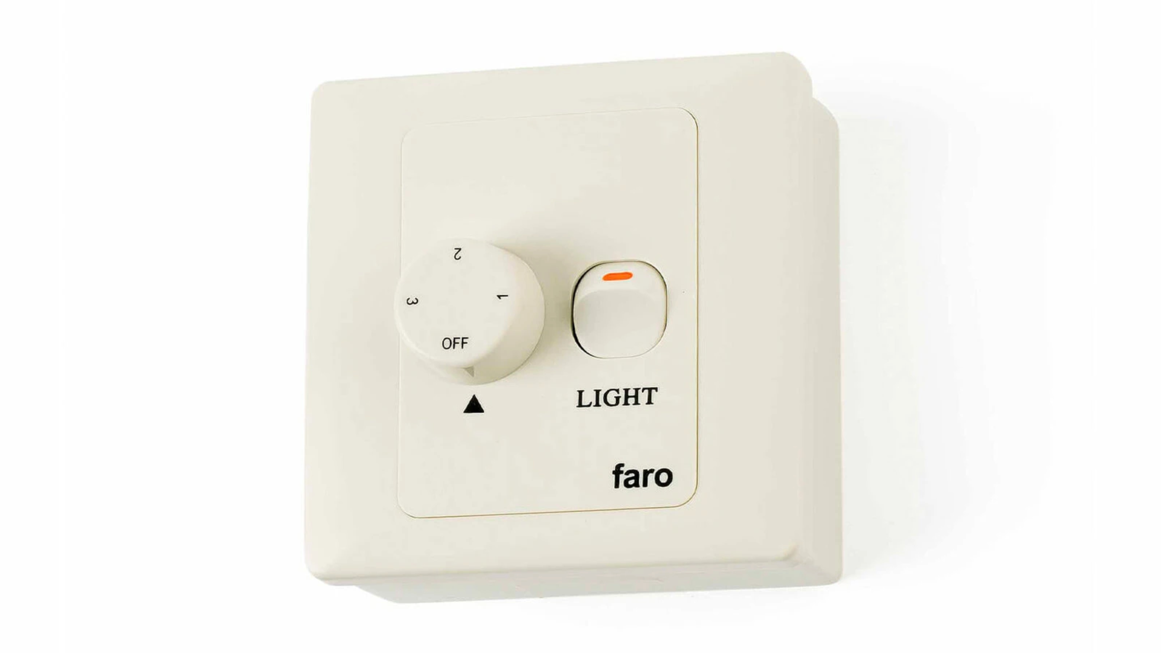 Interruttore della luce bianco con manopola dimmer e pulsante luce. La parola 'LIGHT' è scritta.