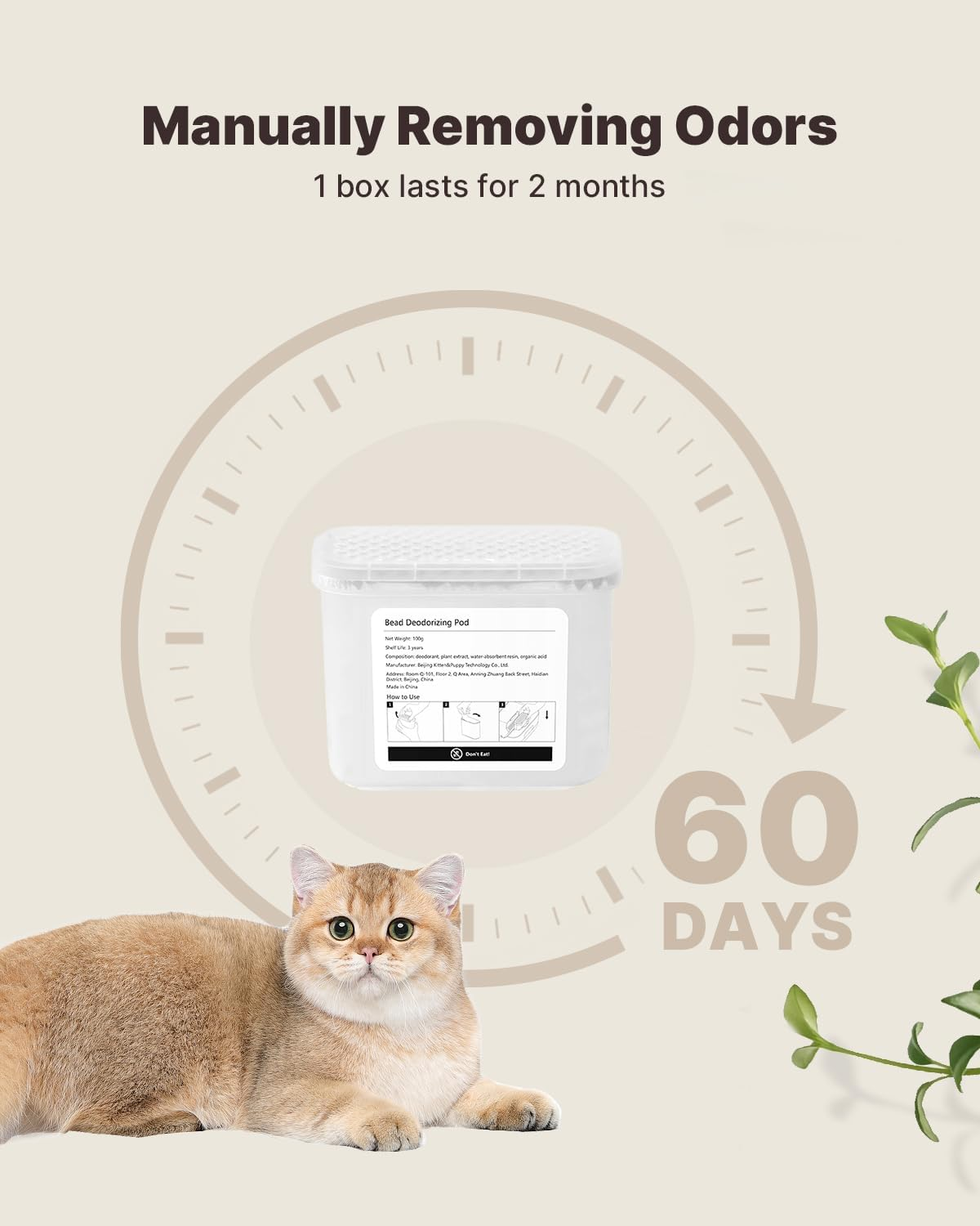 Eine Katze liegt neben einem weißen Behälter. Der Text besagt, dass das Produkt Gerüche 60 Tage lang entfernt.
