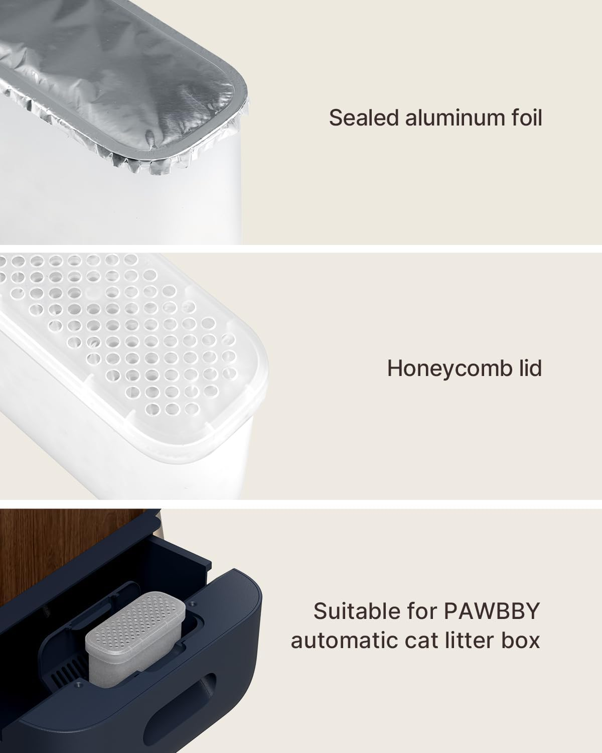 Nahaufnahme von Katzentoilettenkomponenten. Versiegelte Folie, Wabendeckel und Boden.