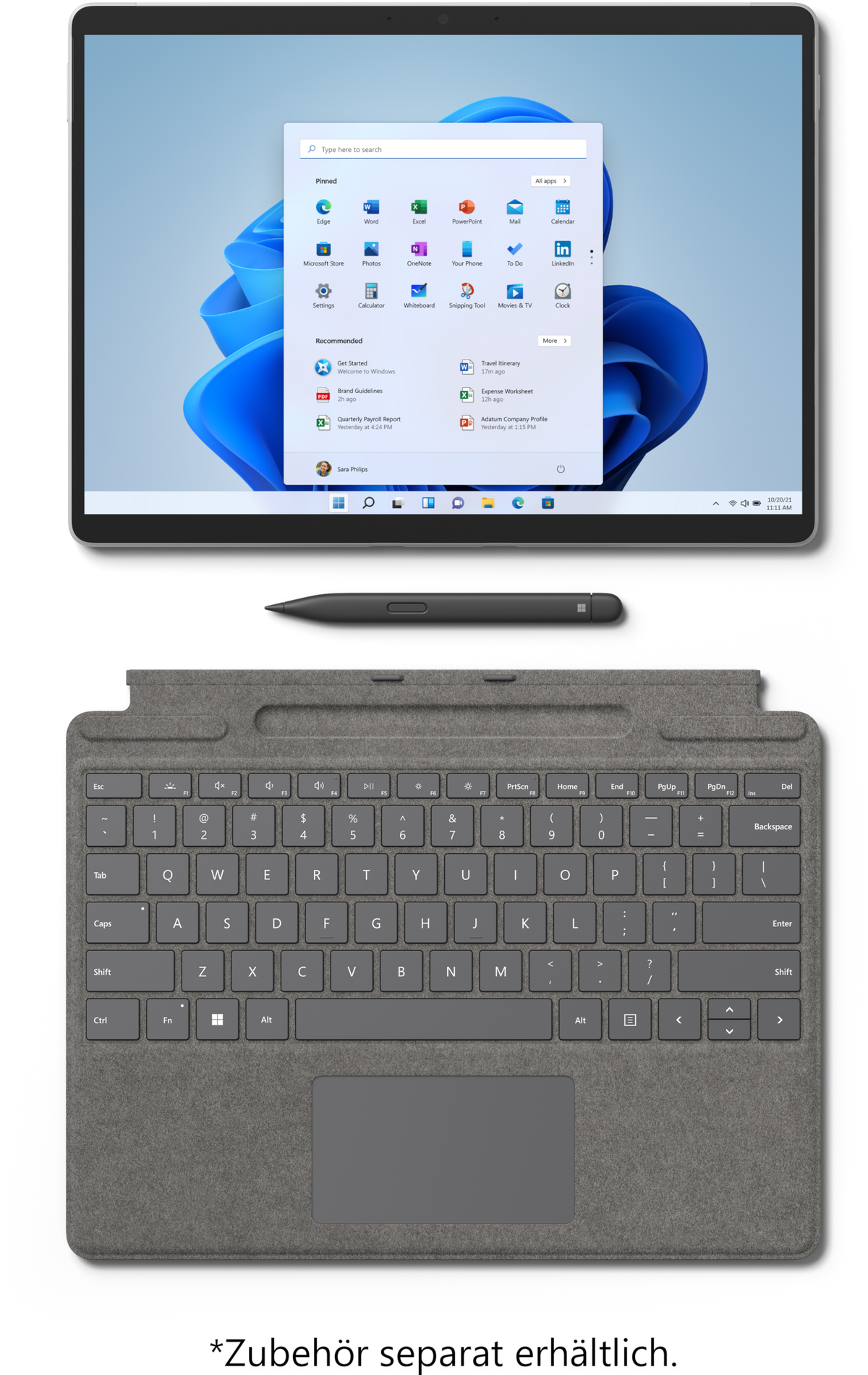 Tablet mit Tastatur und Stift. Tablet zeigt Windows-Desktop.