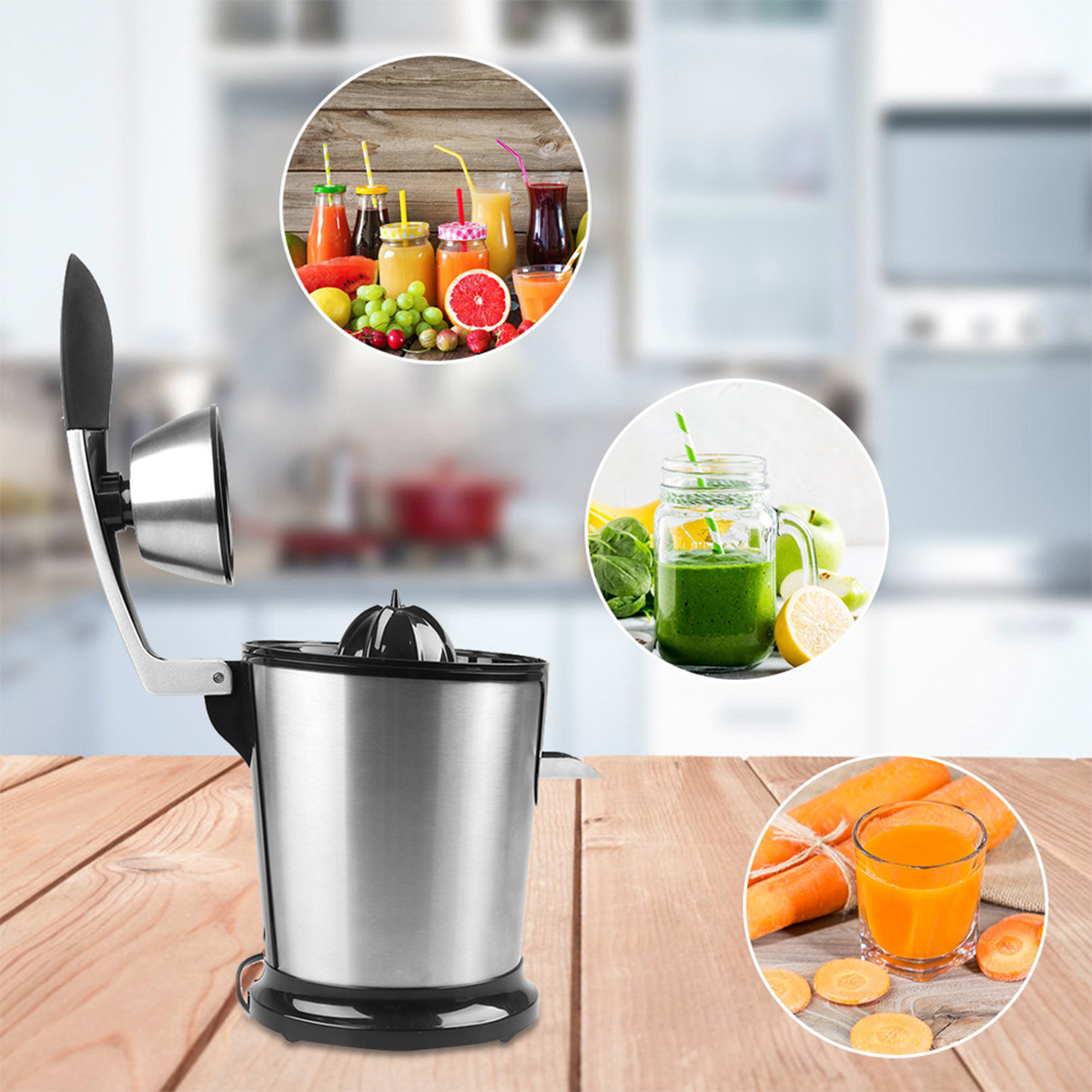 Entsafter mit Früchten und Säften. Bilder zeigen Saft in Gläsern und ein Glas, auf einem Holztisch.