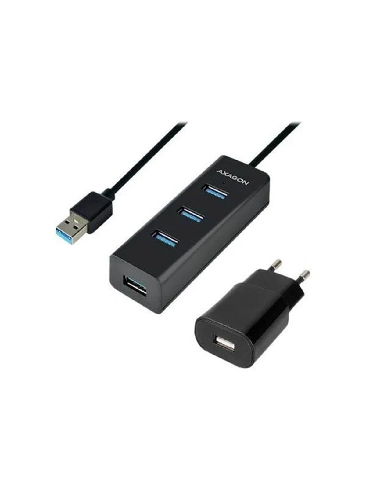 Schwarzer USB-Hub mit drei Anschlüssen, einem USB-Kabel und einem Ladekopf.