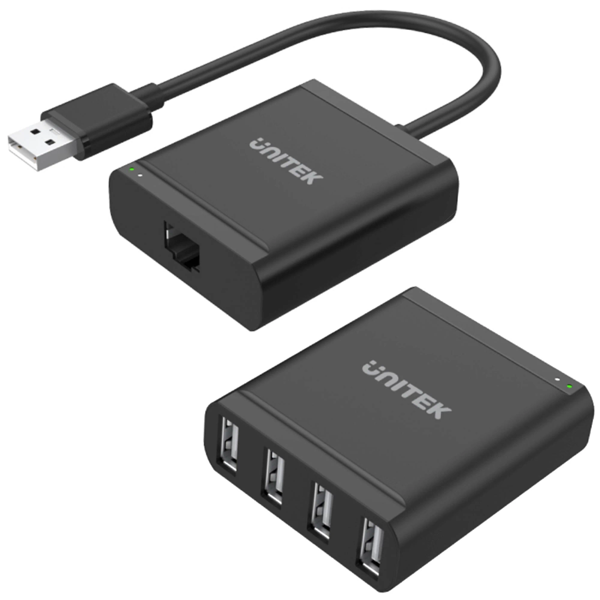 Hub USB Unitek nero con porte USB ed Ethernet. Sfondo bianco.