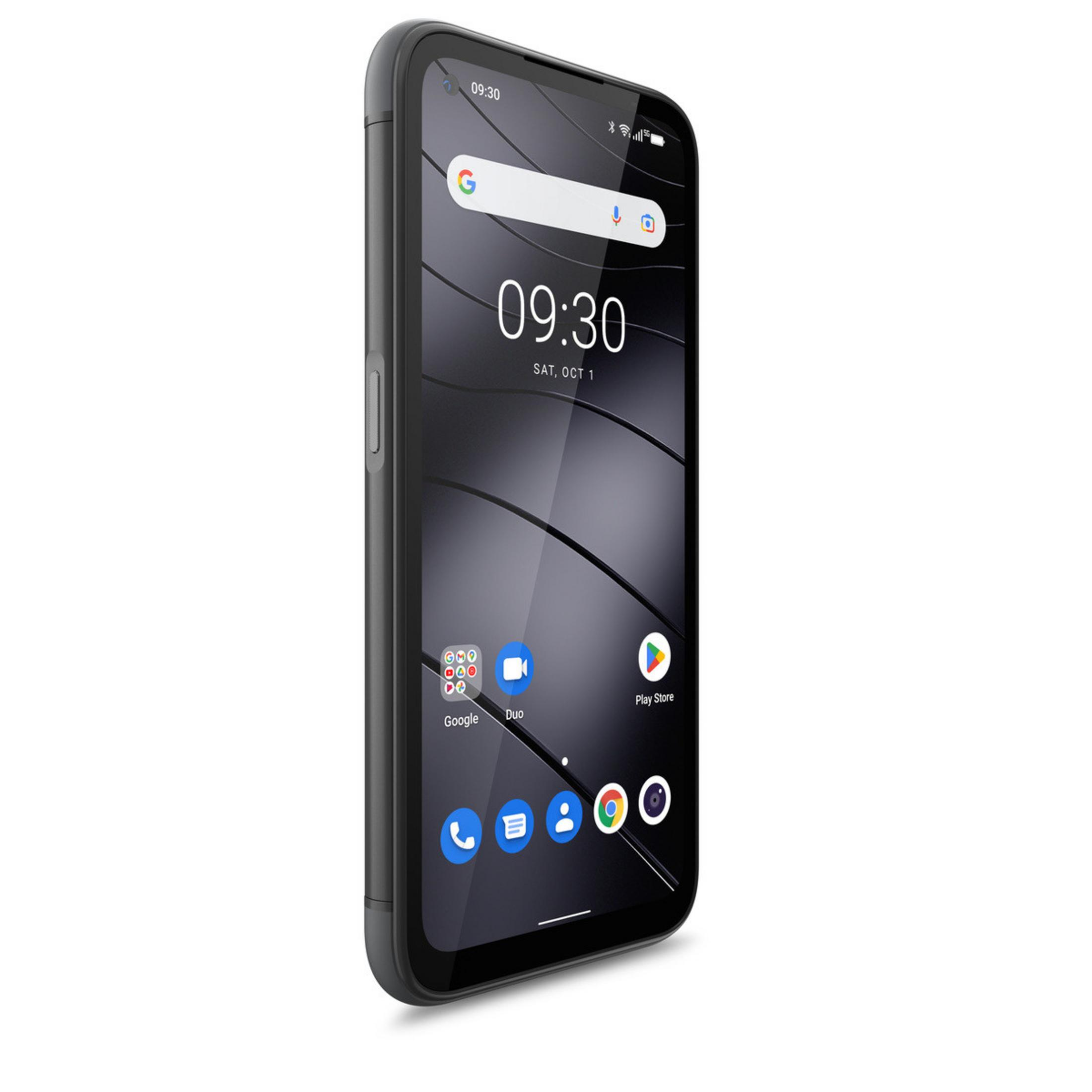 Schwarz-graues Smartphone mit Bildschirm, der Zeit und Symbole anzeigt.