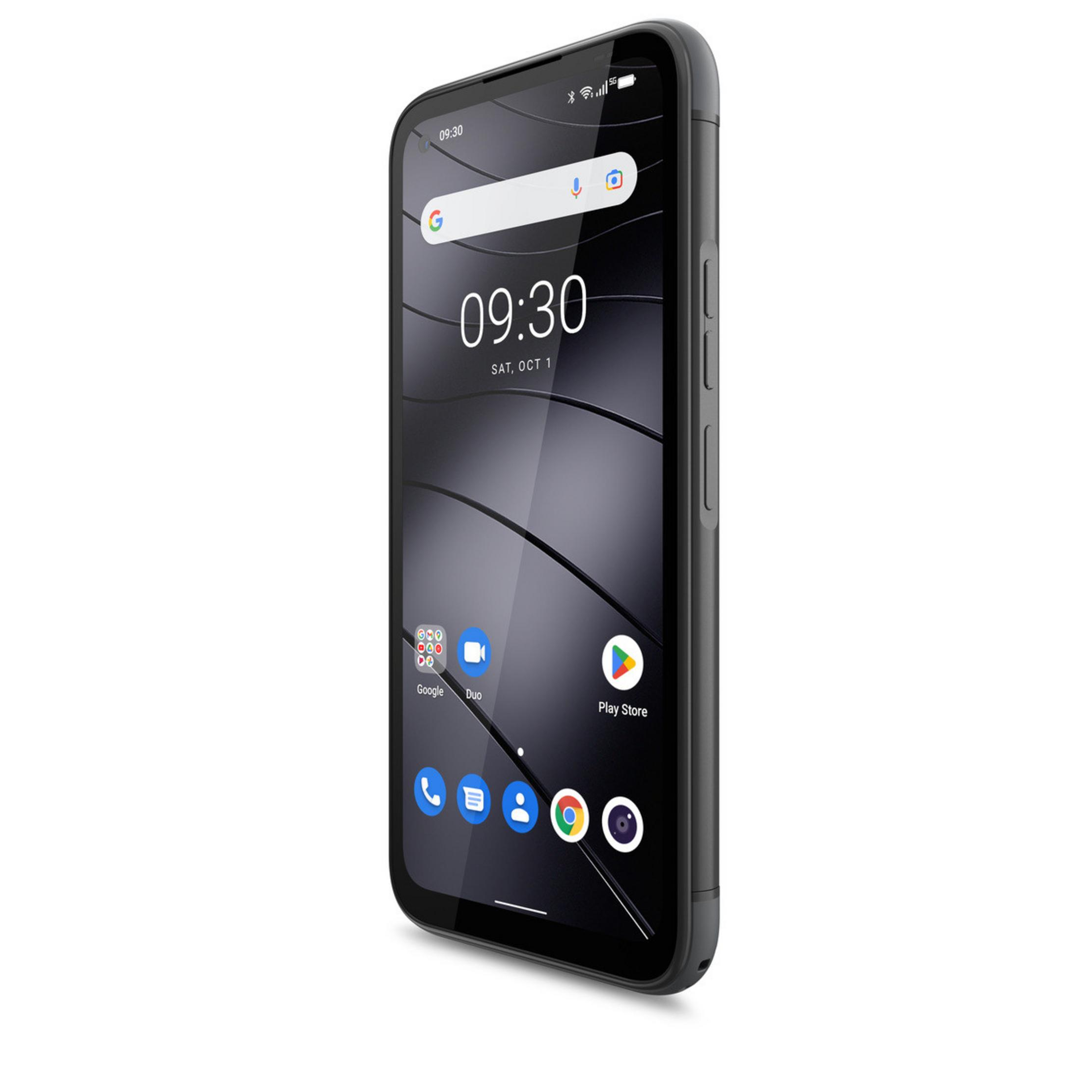 Schwarzes Smartphone mit Uhrzeit und App-Symbolen auf weißem Hintergrund.