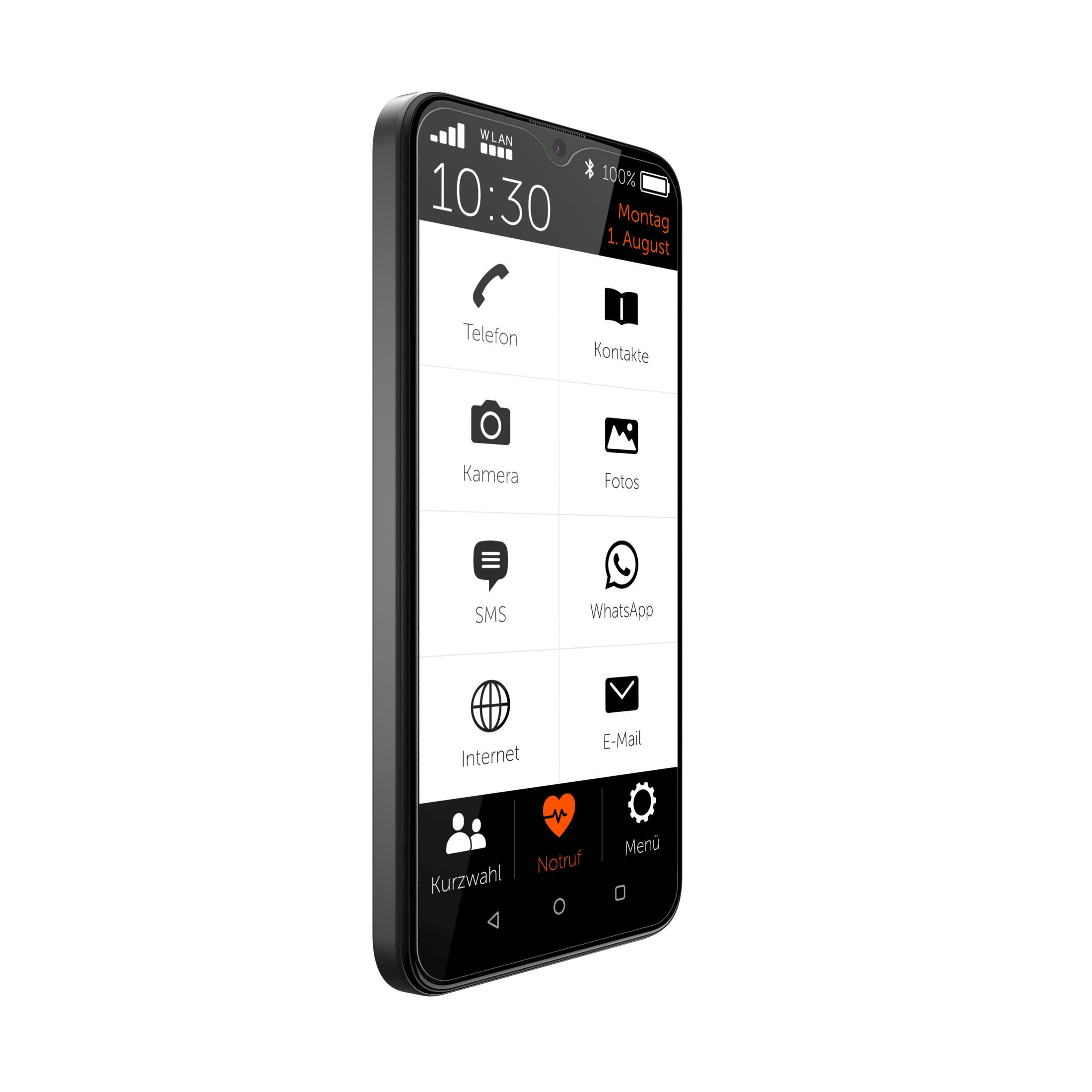 Ein schwarzes Smartphone zeigt eine Benutzeroberfläche mit großen Symbolen. Es zeigt Zeit, Datum und App-Optionen.