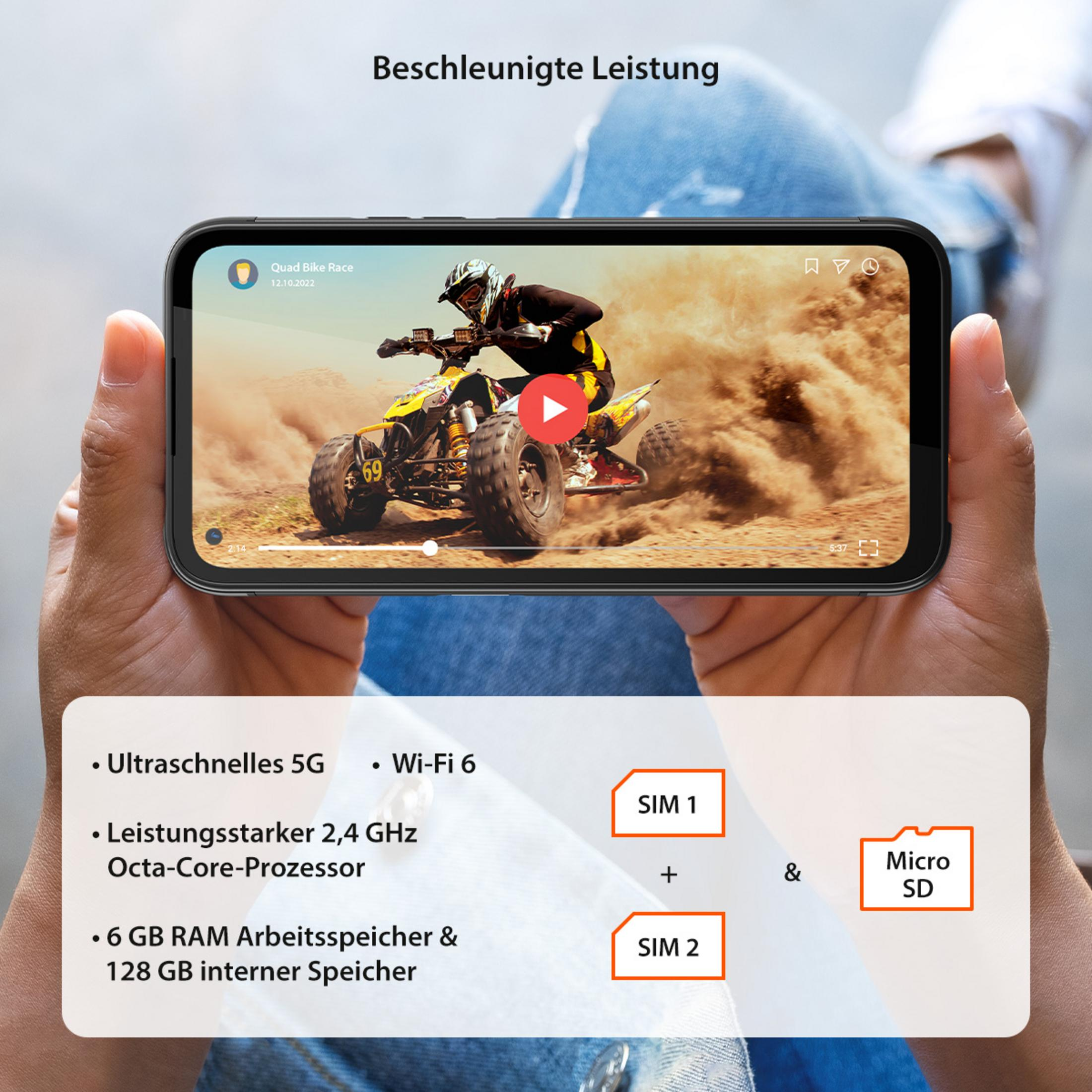 Person hält Telefon mit Quad-Bike-Rennen und technischen Daten des Telefons.