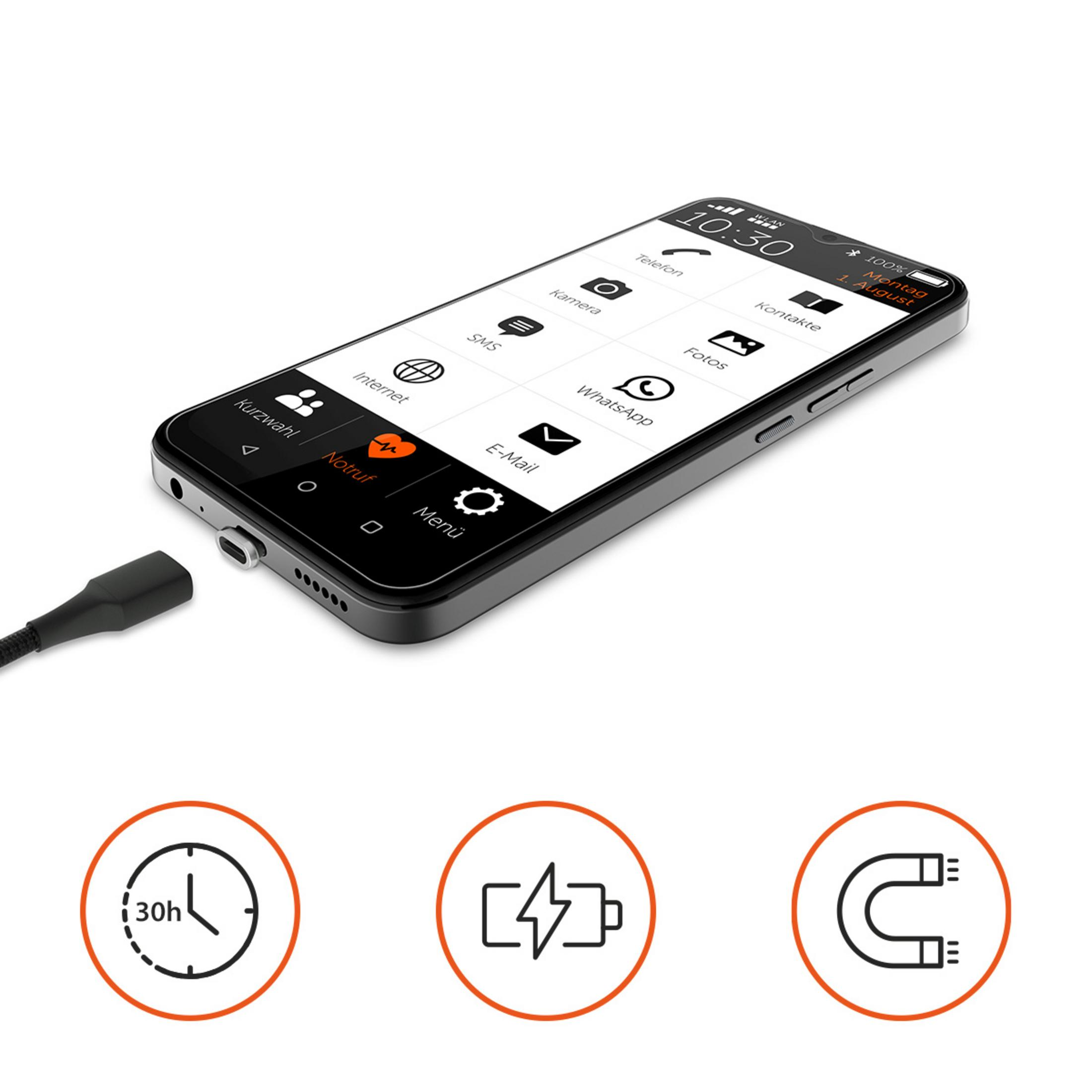 Schwarzes Smartphone wird geladen. Symbole für Zeit, Aufladen und Magnet werden angezeigt.