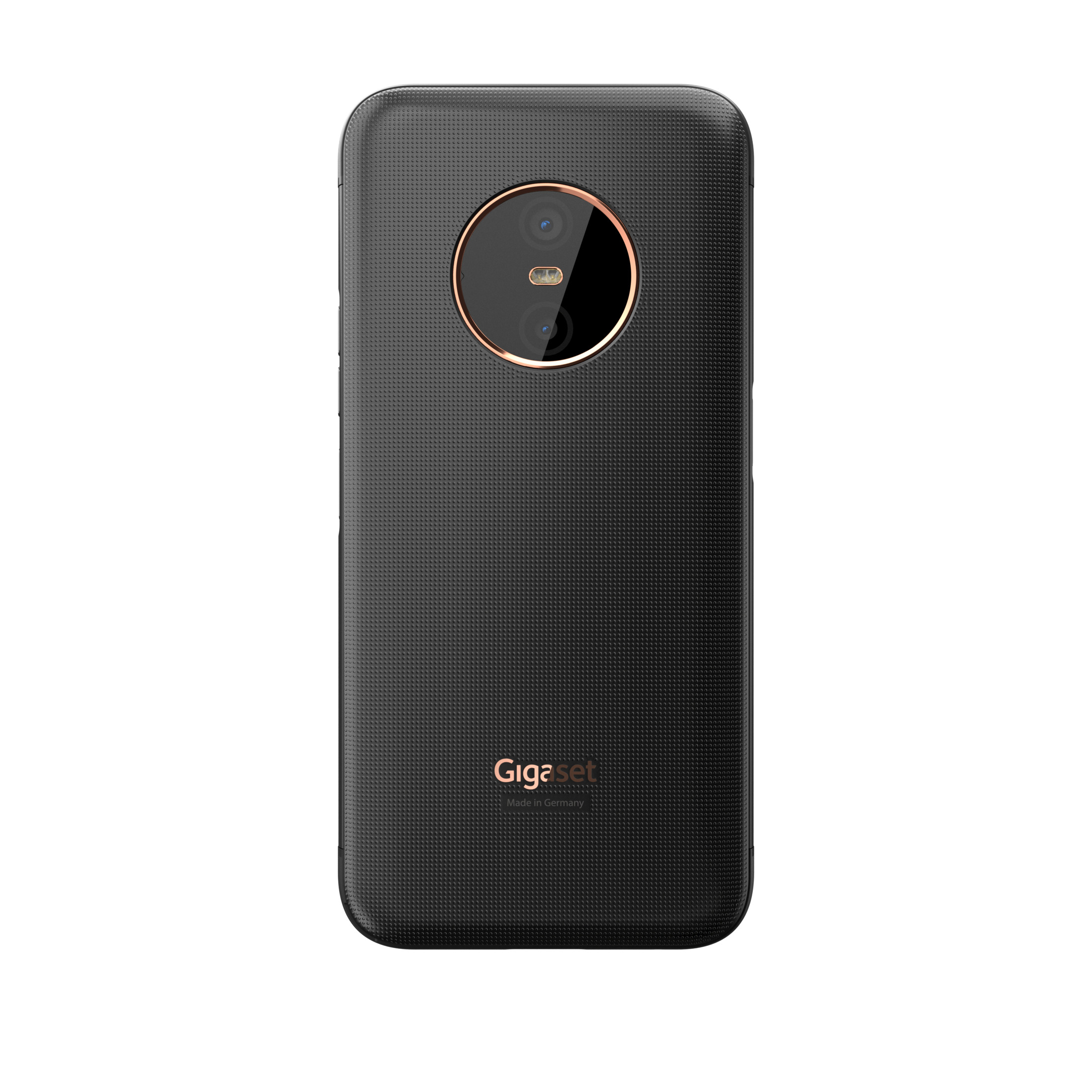 Schwarzes Gigaset-Telefon mit Kamera. Die Rückseite hat ein strukturiertes Muster und Logo.