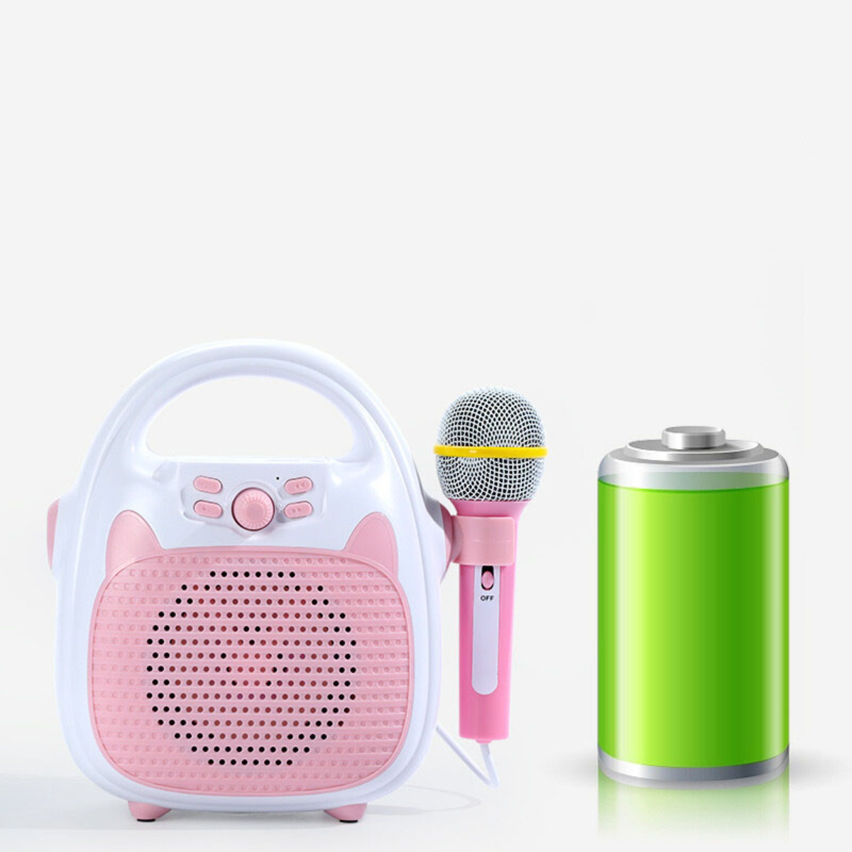 Rosa-weiße Karaoke-Maschine mit Mikrofon und grüner Batterie auf weißem Hintergrund.