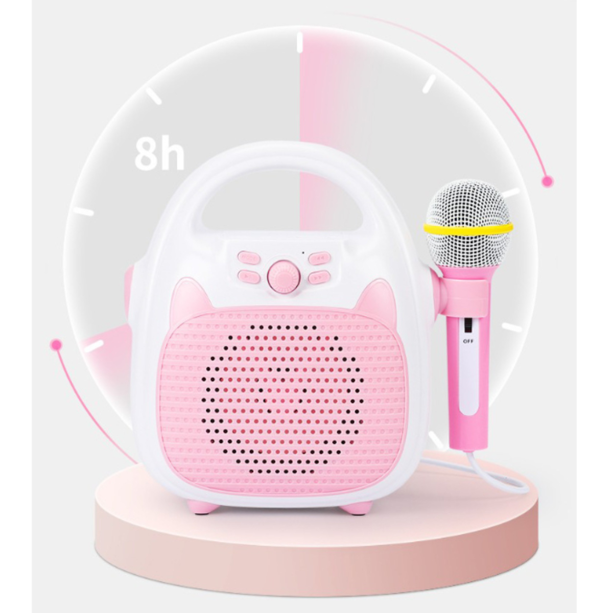 Rosa-weiße Karaoke-Maschine mit Mikrofon und 8h Akkulaufzeit.