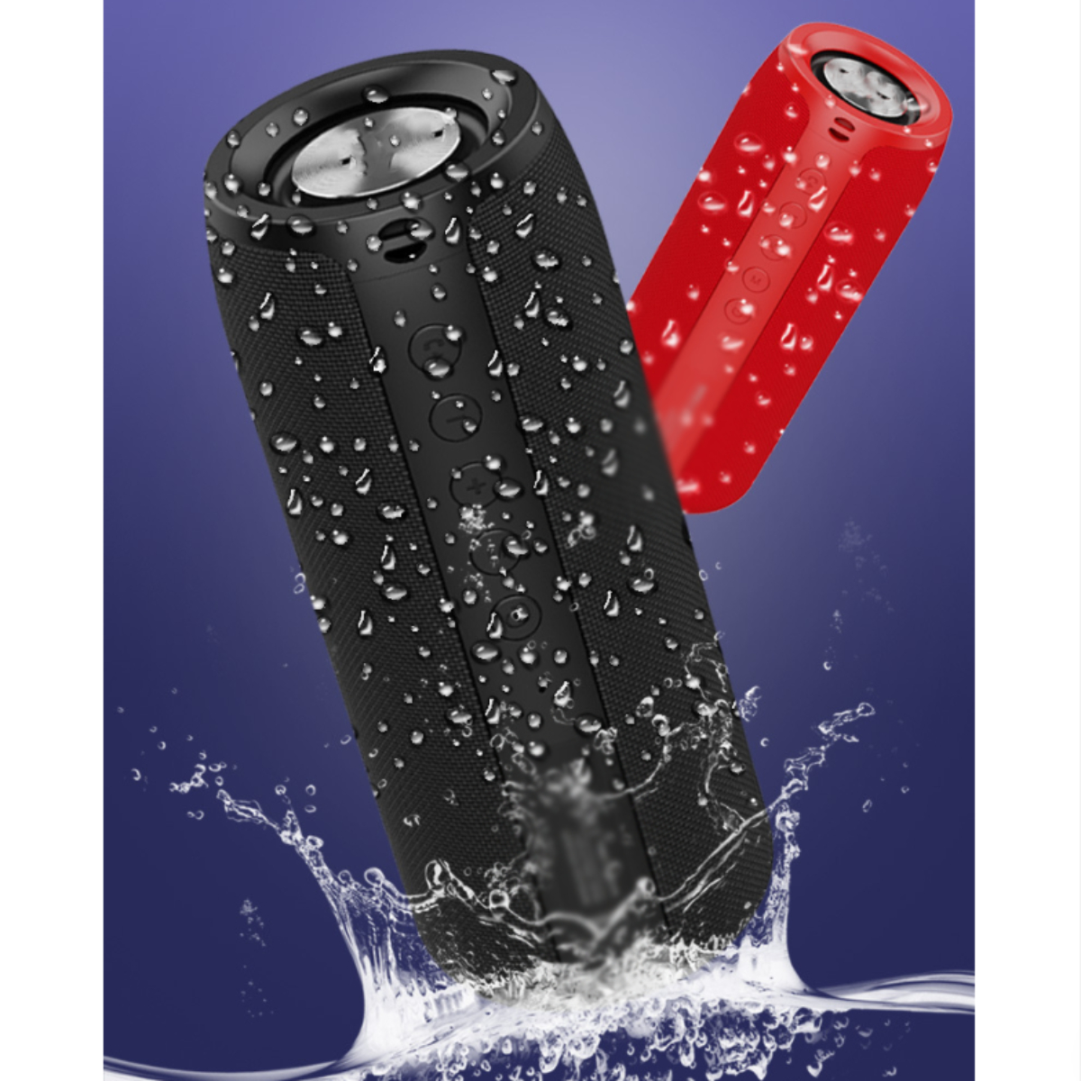 Schwarze und rote Lautsprecher mit Wassertropfen und Spritzern auf blauem Farbverlaufshintergrund.