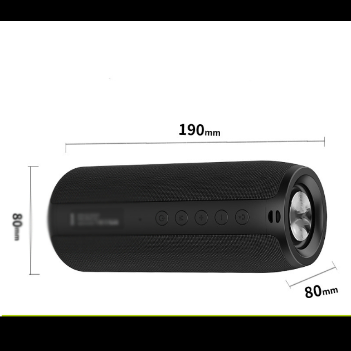 Schwarzer zylindrischer Lautsprecher mit Knöpfen. Abmessungen: 190 mm x 80 mm x 80 mm.