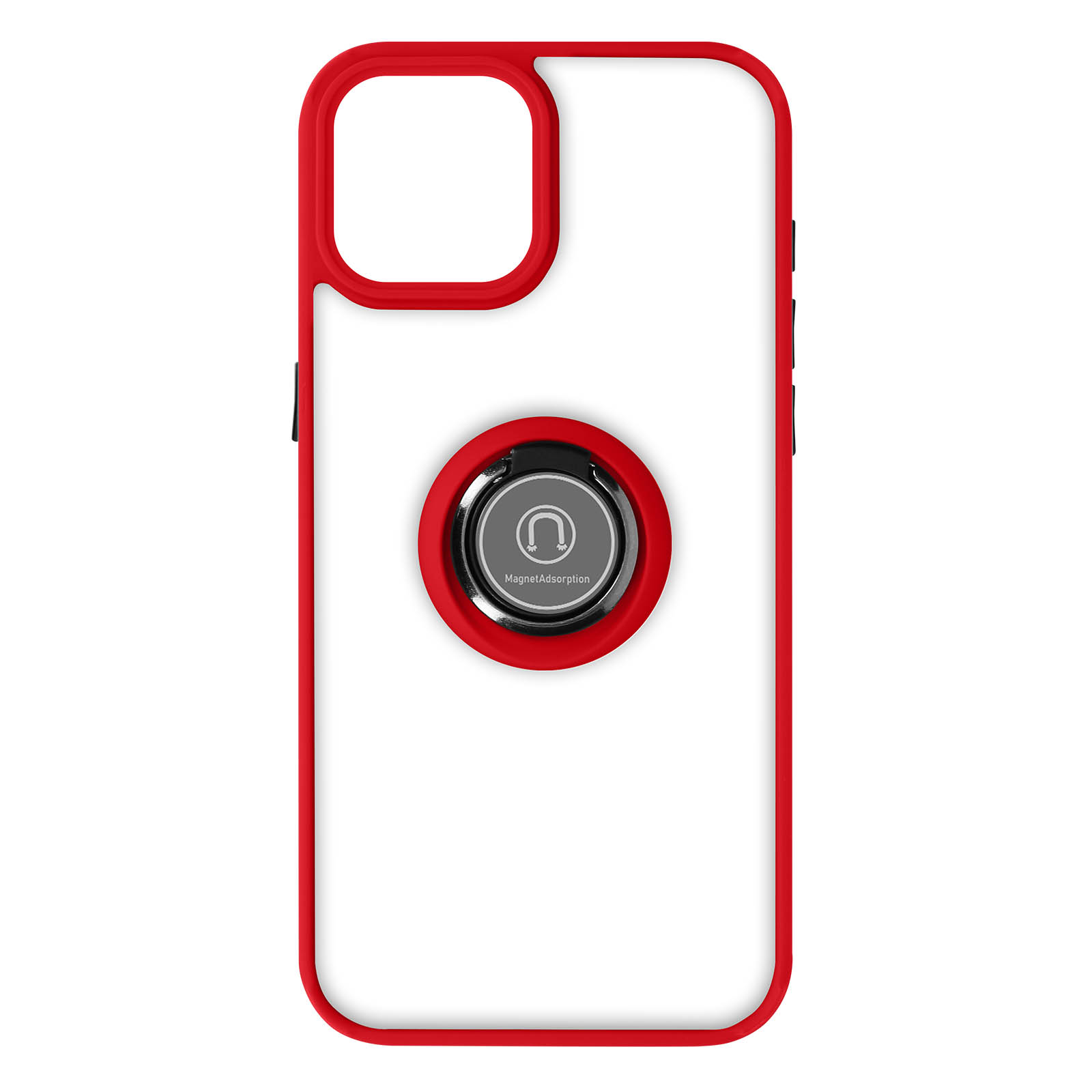 Custodia per telefono rossa con supporto ad anello. Ha un retro trasparente e una cornice rossa.