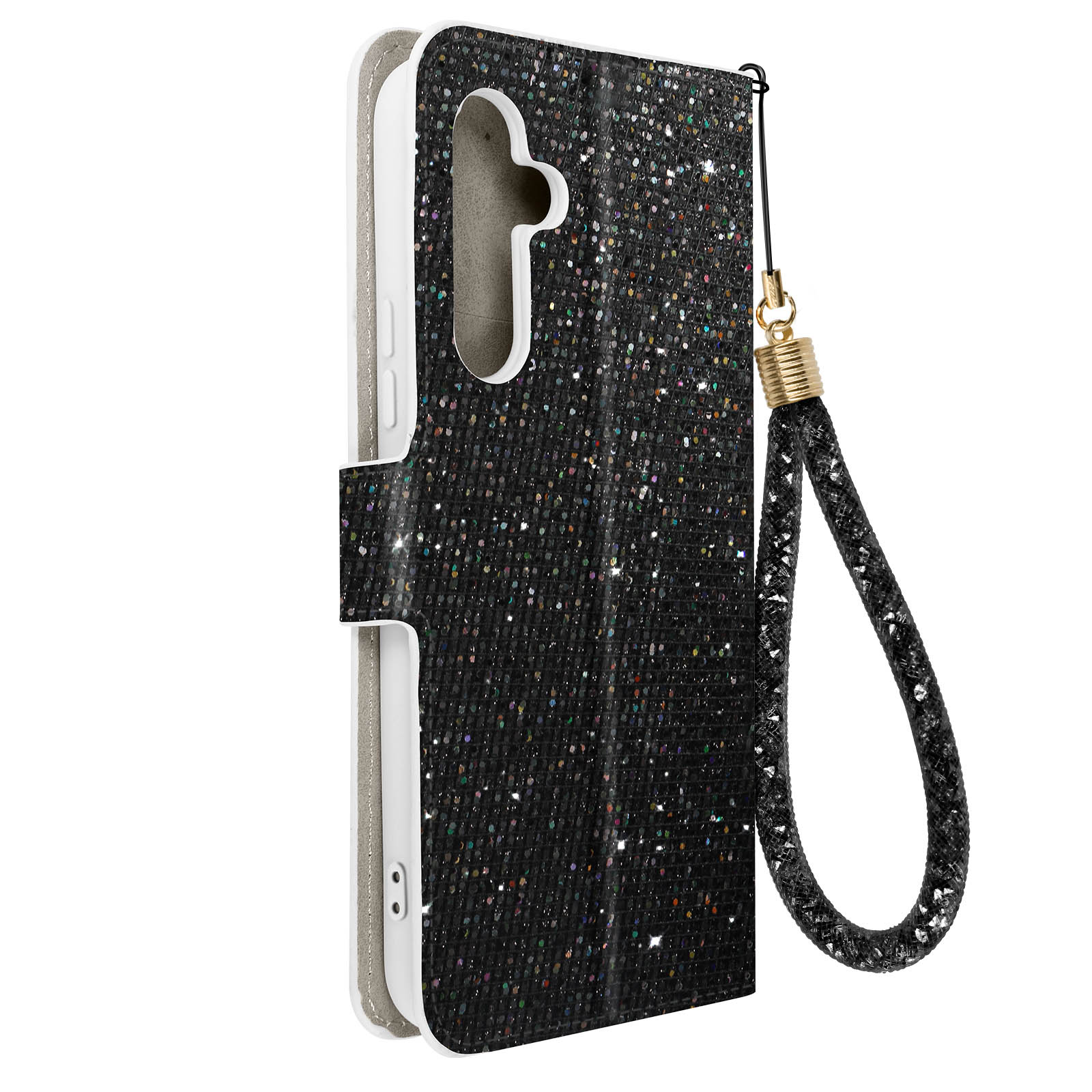 Una custodia nera per telefono con glitter e un cinturino da polso su sfondo bianco.