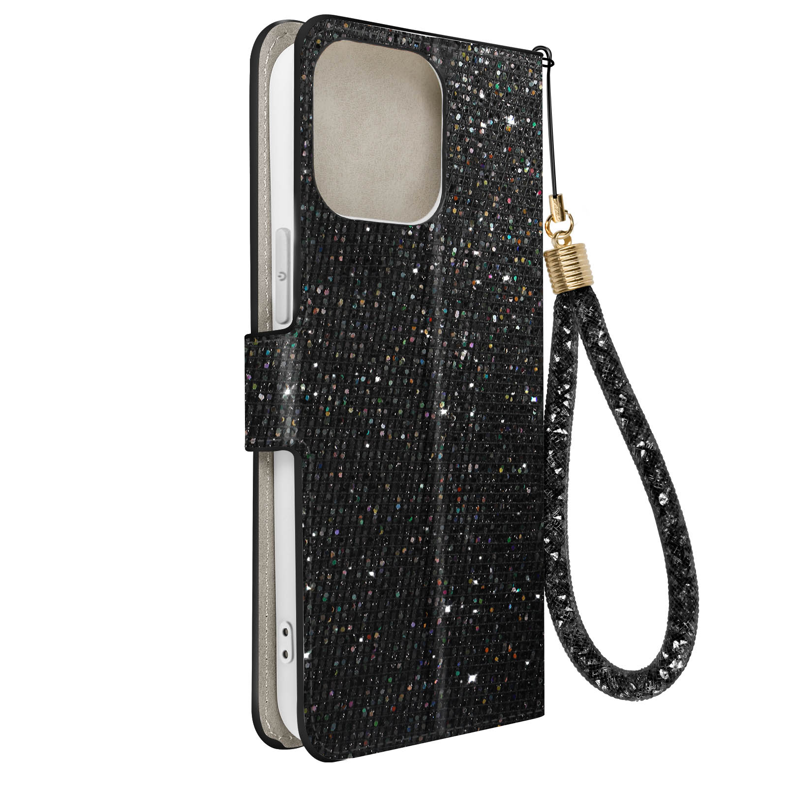 Coque de téléphone avec paillettes. Extérieur noir et scintillant, avec dragonne.