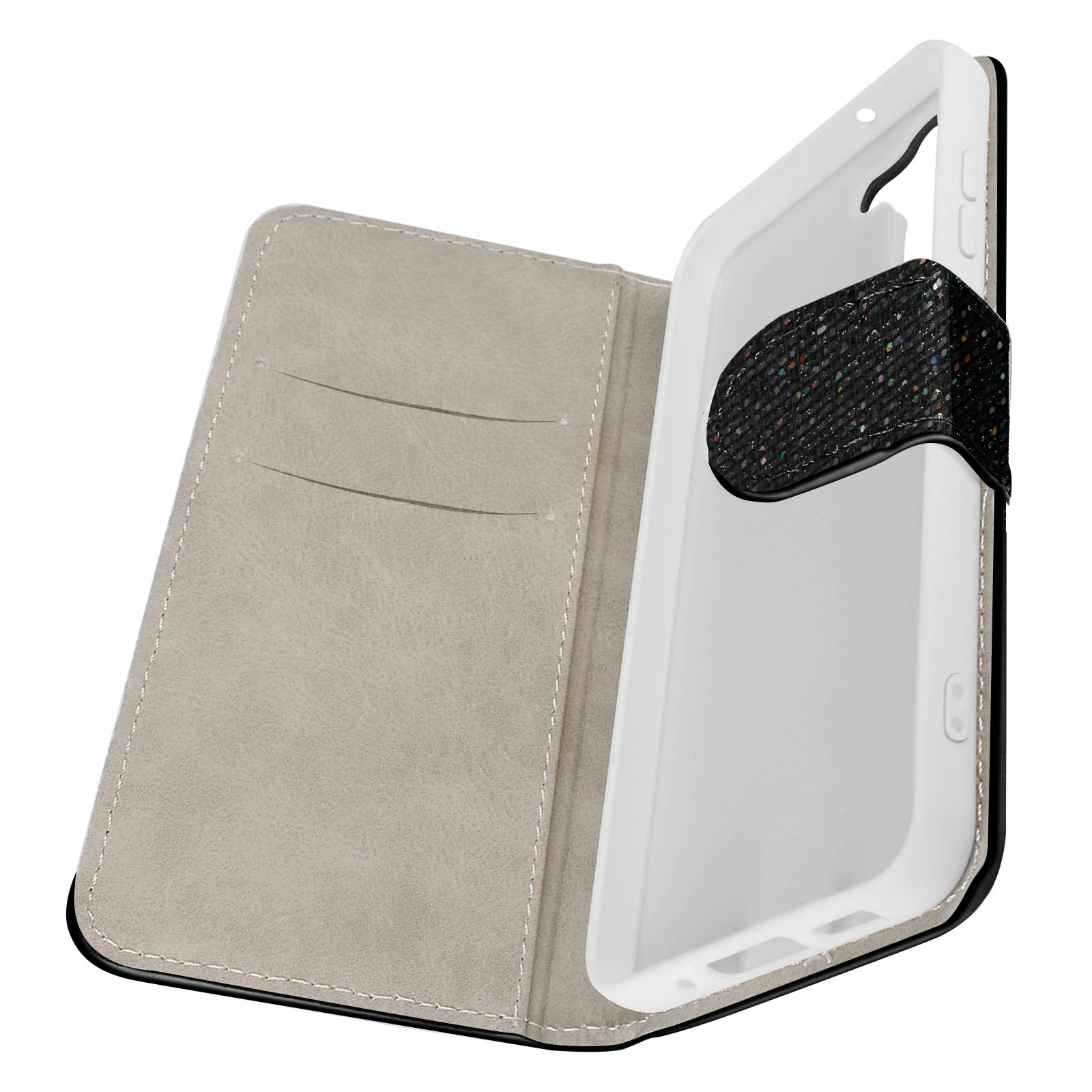 Custodia per tablet aperta, con fessure per carte e un supporto per telefono. Beige e nero.