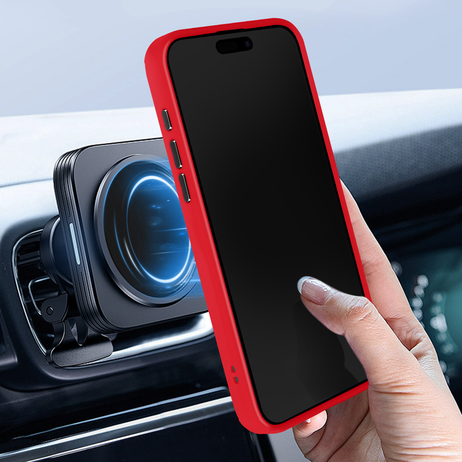 Una custodia rossa per telefono è montata su un supporto per bocchetta dell'auto, con un telefono all'interno. Lo schermo del telefono è nero.
