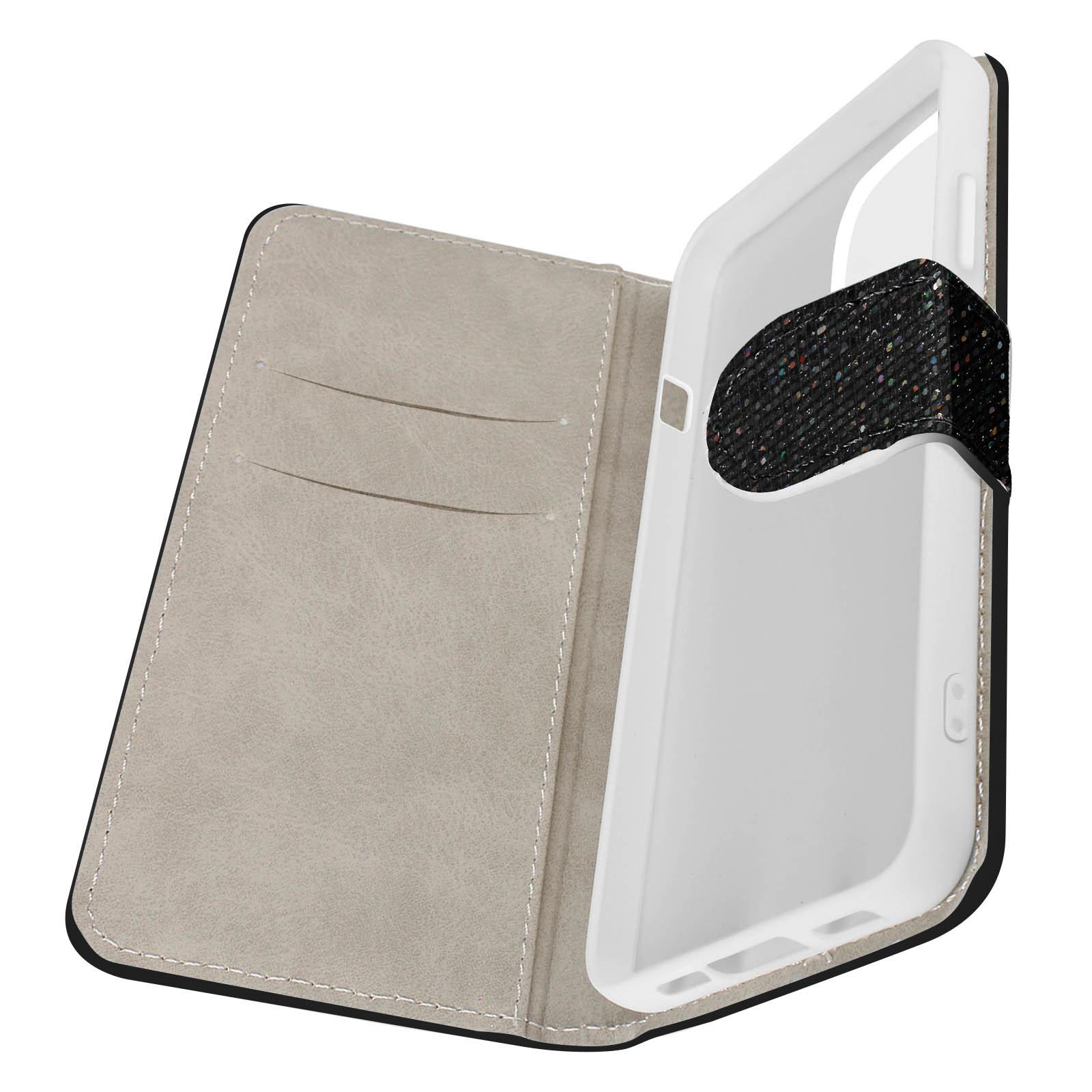 Un étui de téléphone ouvert pour révéler le téléphone. L'étui a un extérieur gris texturé et un intérieur noir.