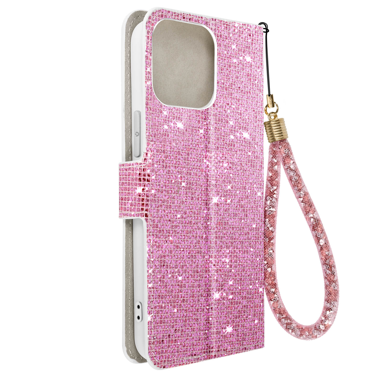 Una custodia per telefono rosa e scintillante con cinturino da polso. È in stile a portafoglio con una cover.