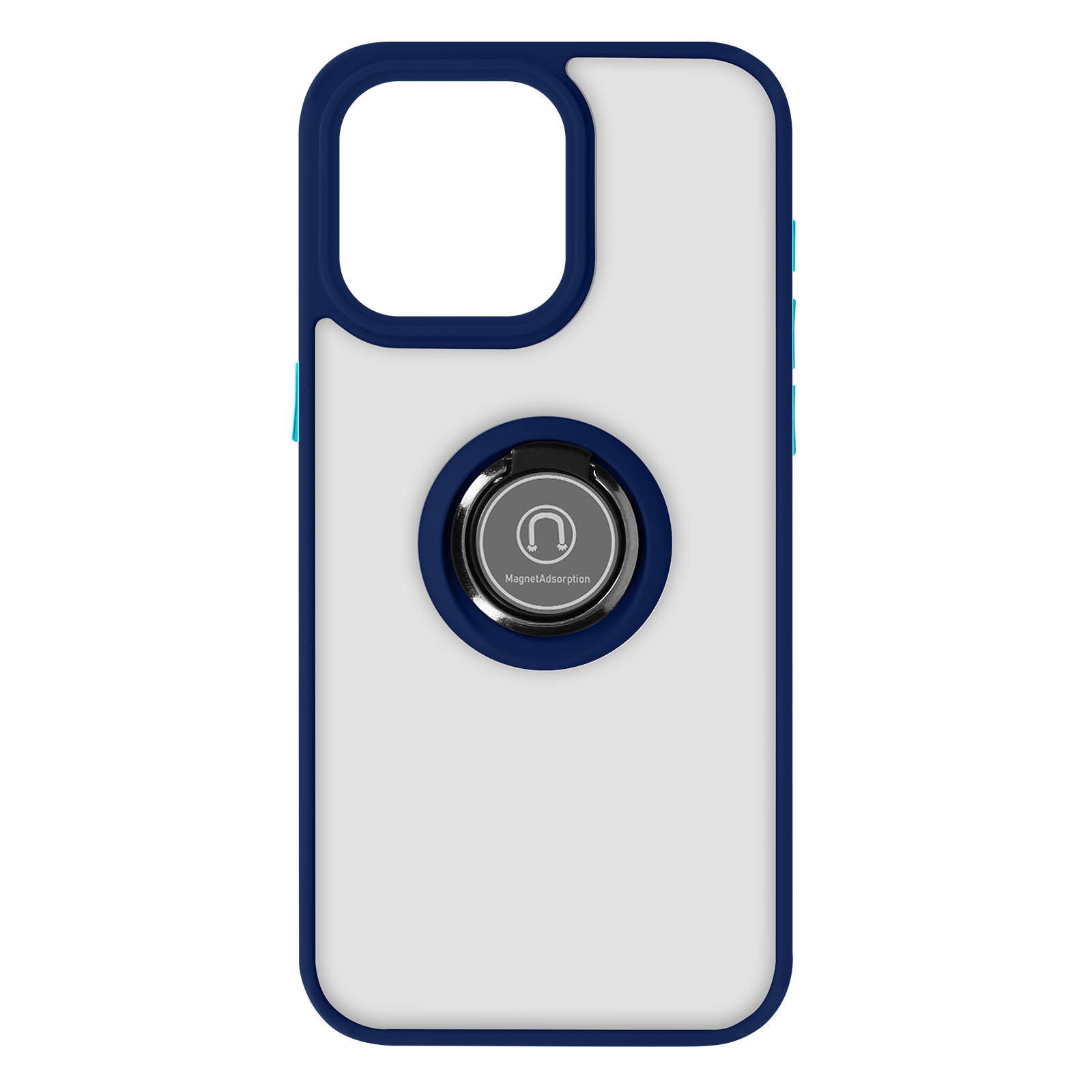 Custodia per telefono. Retro bianco con dettagli blu e anello magnetico.