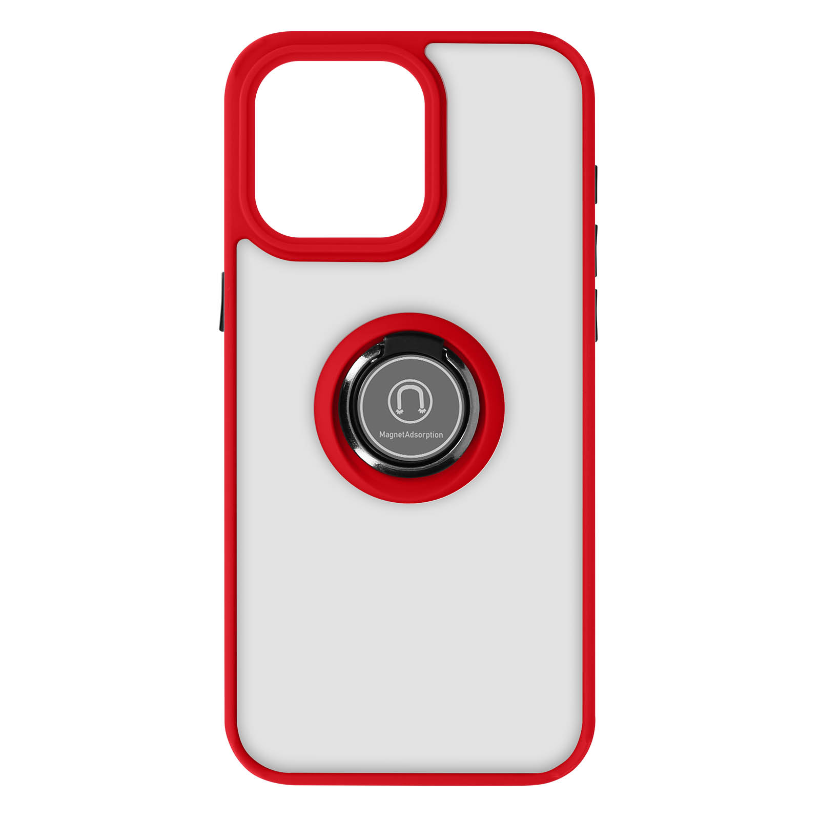 Una custodia bianca per iPhone con finiture rosse e un porta anello. Il supporto ha un centro argentato.