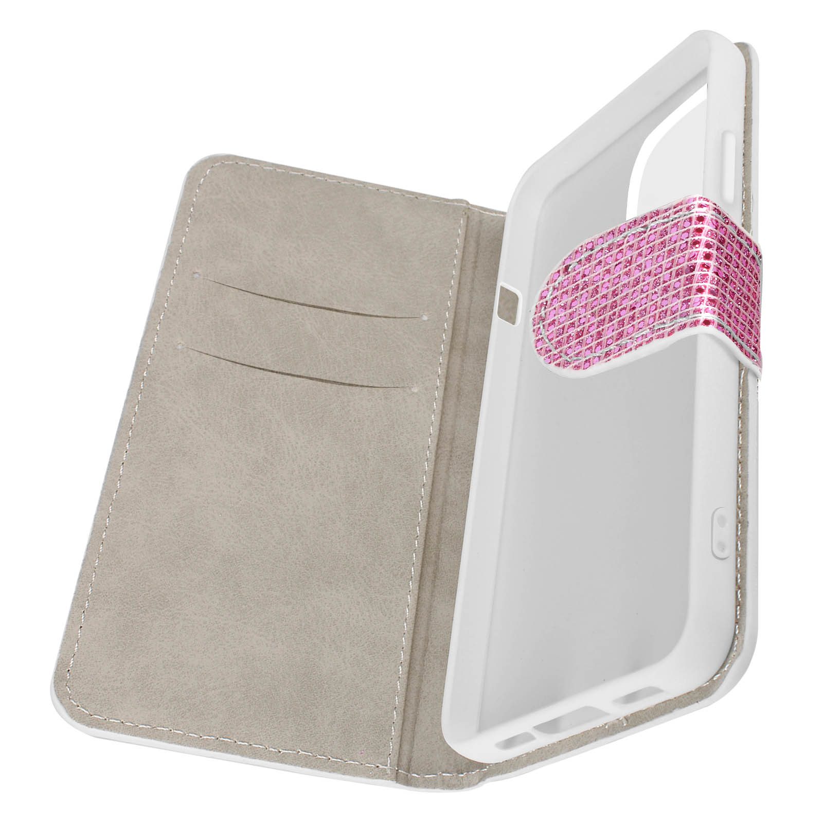 Custodia per telefono aperta, che mostra una cinghia rosa perlata e fessure per carte.