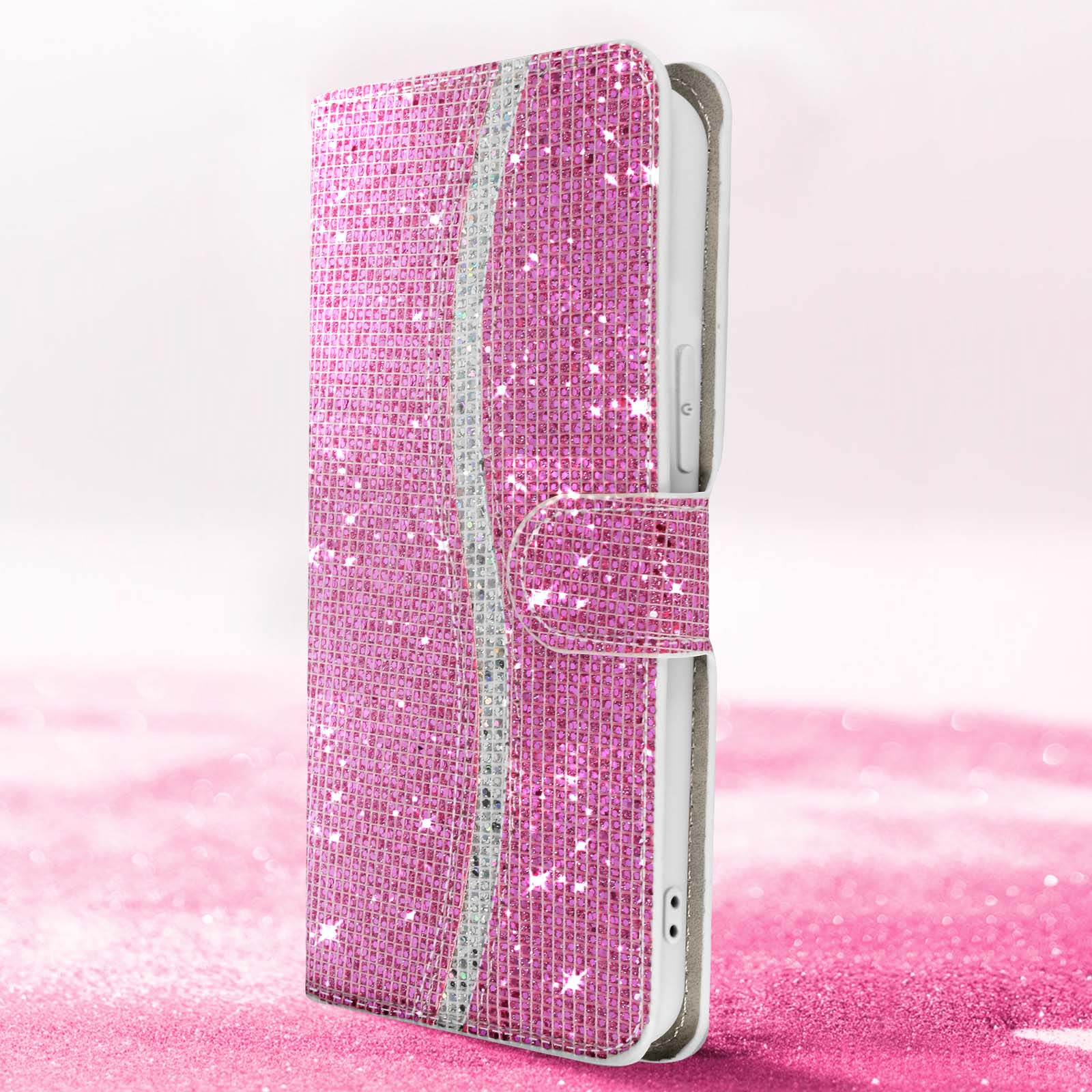 Custodia rosa per telefono con glitter scintillanti, striscia argentata e un telefono bianco all'interno.