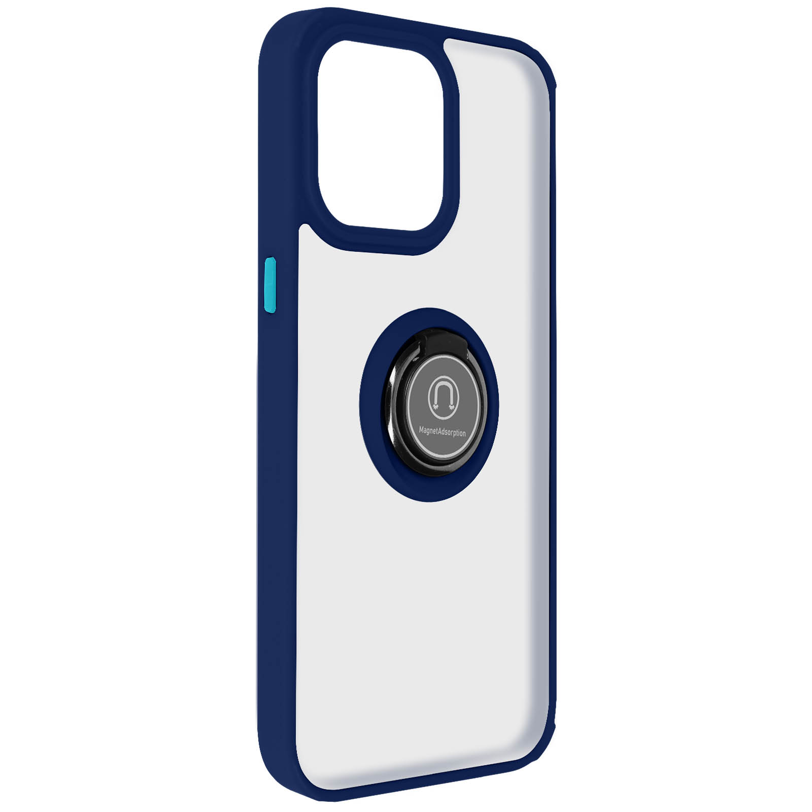 Custodia per telefono blu e bianca con anello. Sfondo bianco.